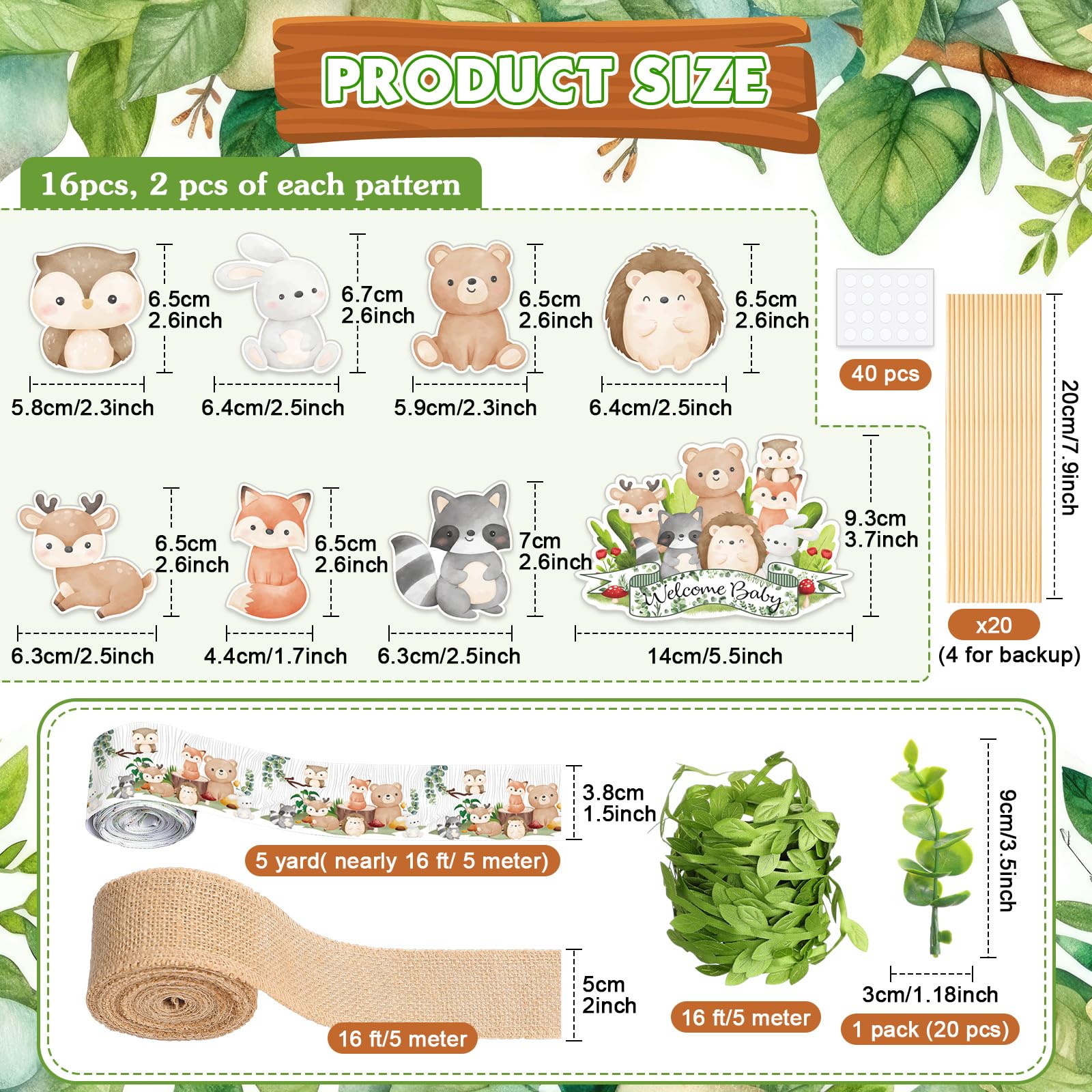 MotiMind Woodland Baby Shower Decorations DIY Diaper Cake Kit with Neutral Forest Animal Burlap Sage Green Leaf Ribbon Leaves We