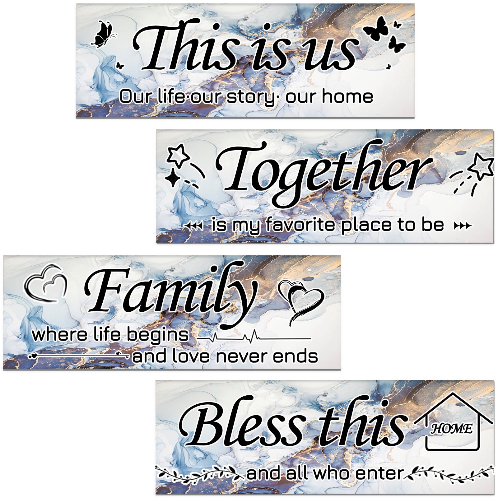 Lnond 4 Pieces Blue White Gold Marble Living Room Wall Decor, Motivational Home Family Rustic Wall Art Decor for Bedroom Living 