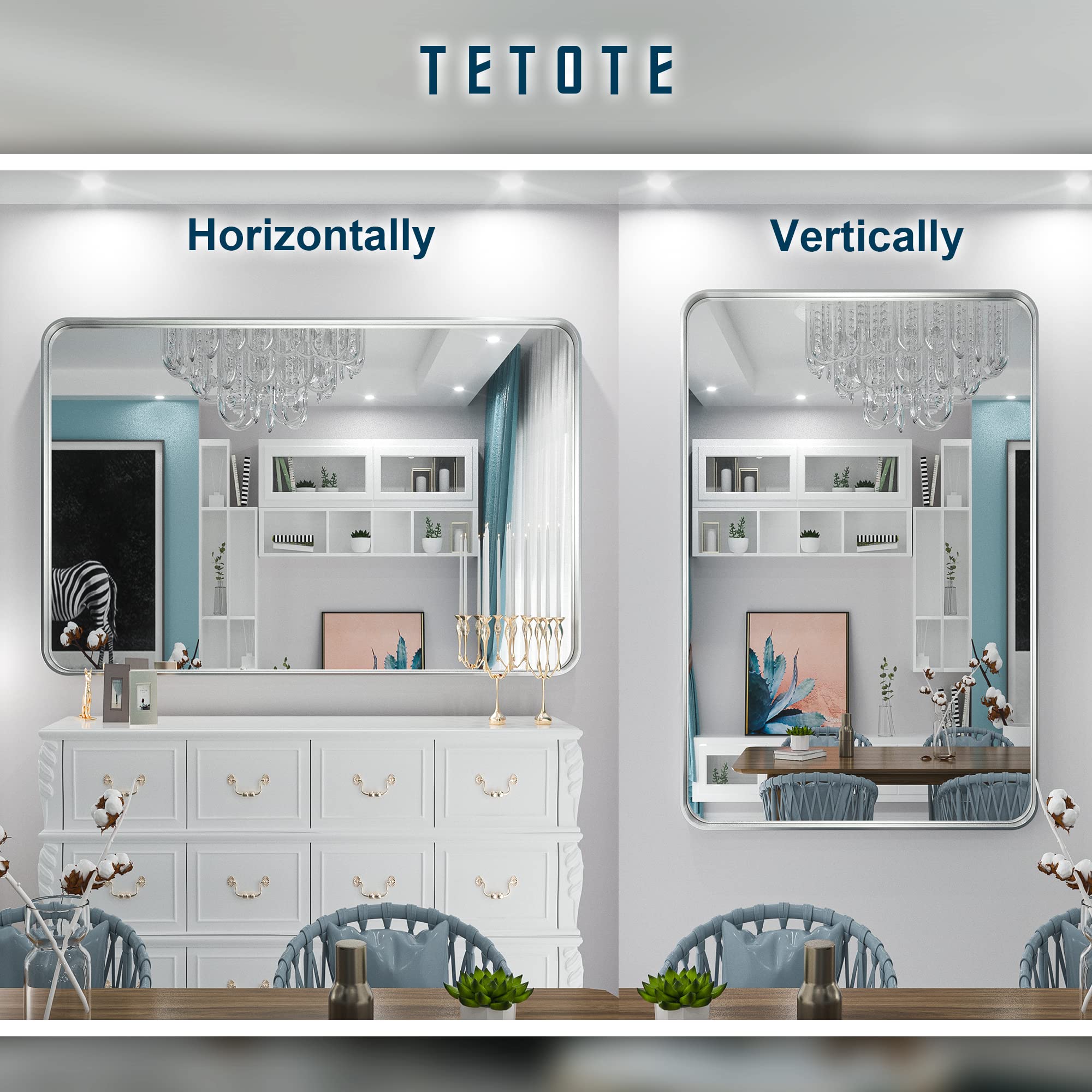Tetote 55 X 36 Inch Silver Mirror For Bathroom, Brushed Nickel Framed Modern Farmhouse Rectangle Large Wall Mounted Mirror For D