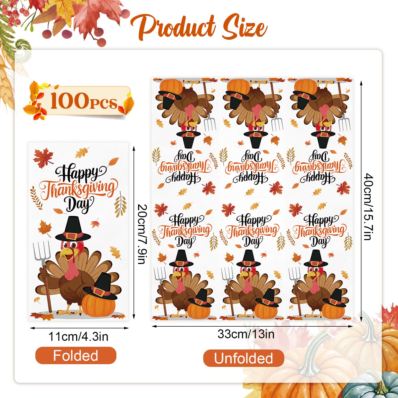 IANFEPH 100 Pcs Fall Thanksgiving Napkins 3 Ply Disposable Bathroom Guest Paper Towels Turkey Pumpkin Decorative Dinner Napkins