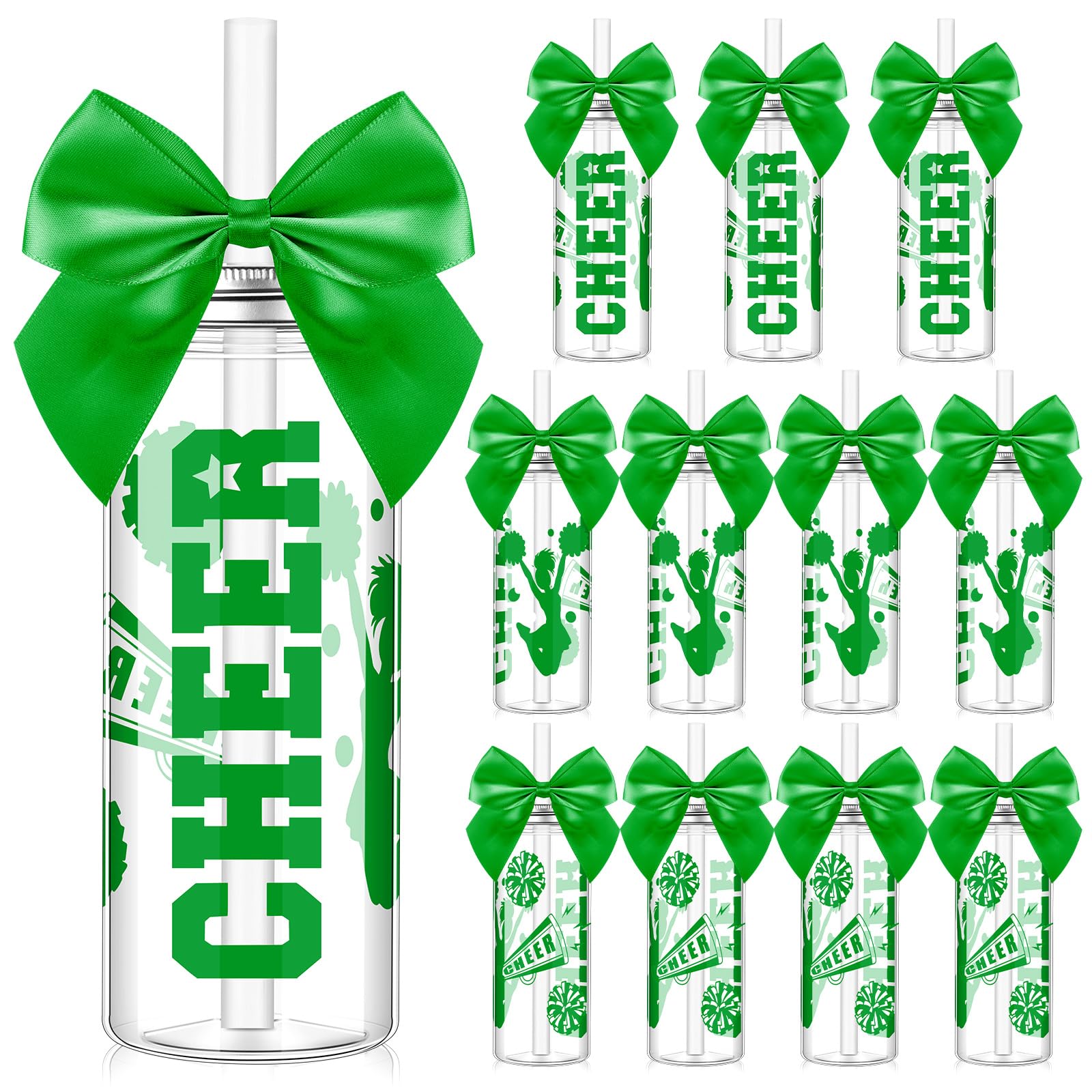 Teenyyou 12 Pcs Green Cheerleader Gift Bulk for Team Cheer Cups 14 oz Bow Water Bottle Plastic Cheer Tumblers with Lid and Straw