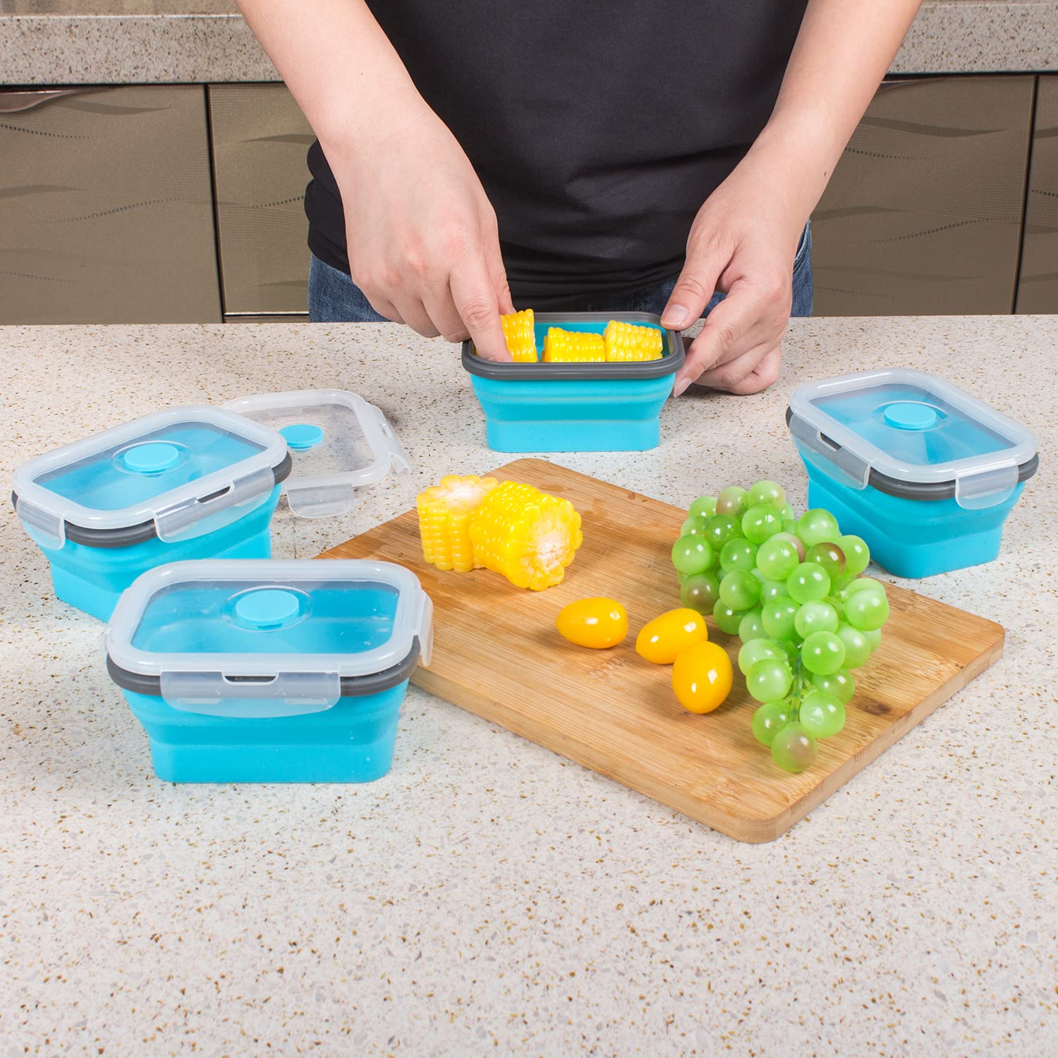 Annaklin Collapsible Food Storage Containers With Lids & Vent, 11.8 Oz, Kitchen Stacking Silicone Collapsible Meal Prep Containe