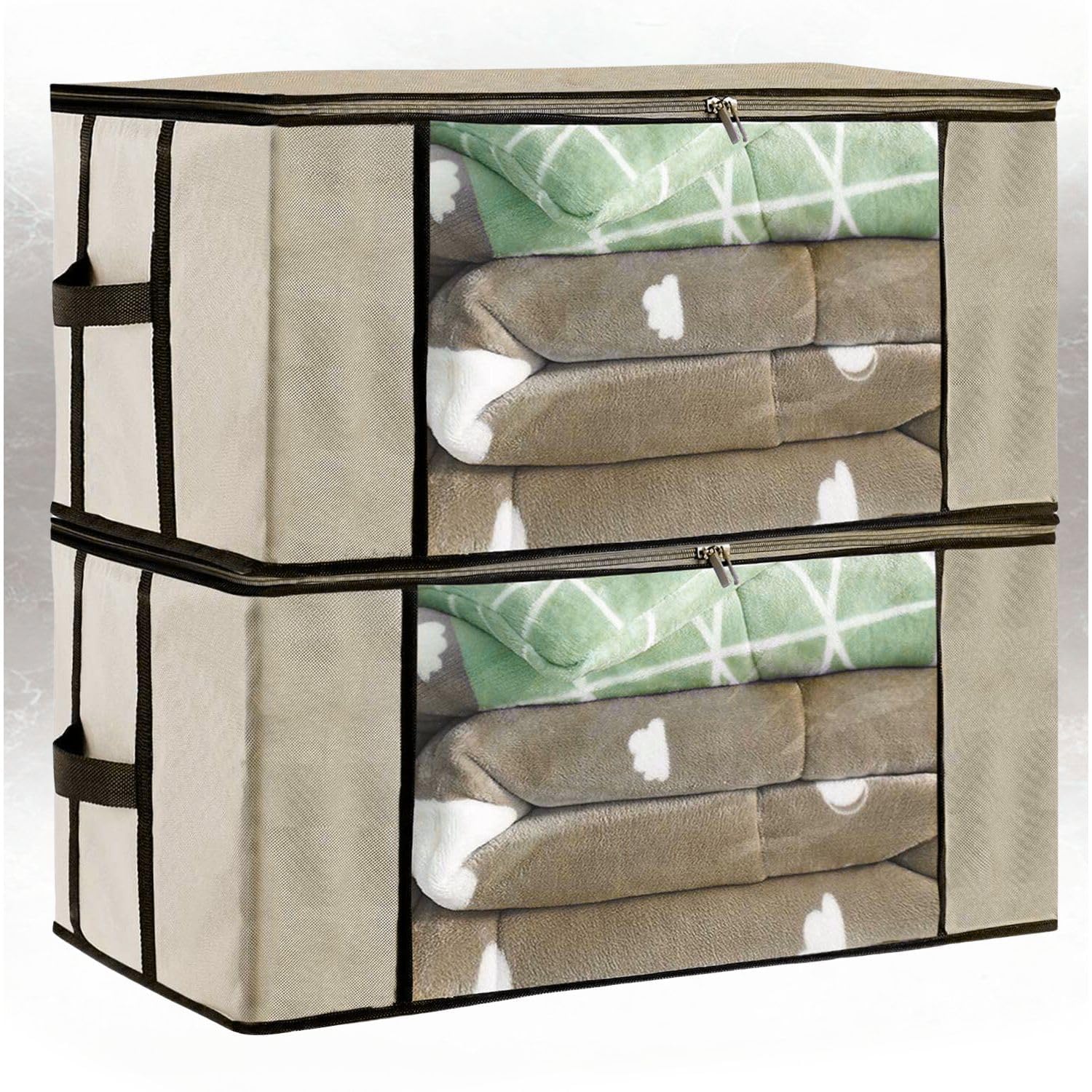 NonWoven Underbed Storage Bag| Cloth Organizer | Blanket Cover With Transparent Window Grey Color (2, Beige, L)