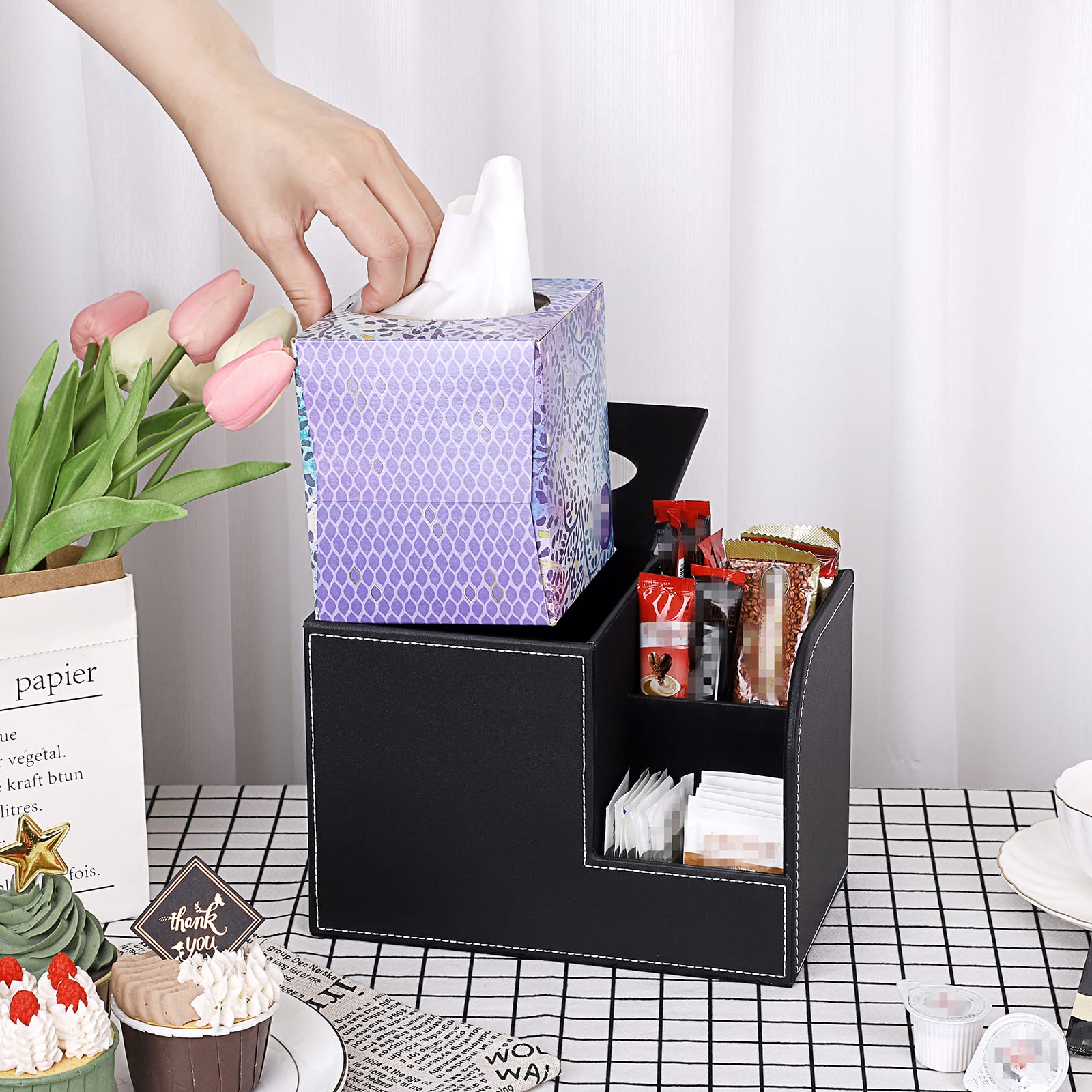 Sumnacon Square Leather Tissue Box Cover - Decorative Cube Tissue Box Holder With Side Organizer, Modern Tissue Box For Living R