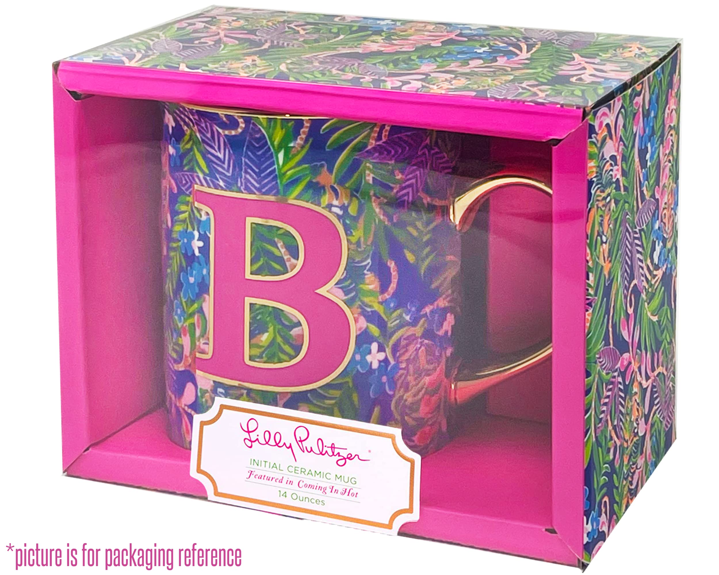 Lilly Pulitzer Initial Ceramic Coffee Mug, 14 Oz Tea Cup, Cute Mug With Gold Handle And Gift Box, J (How You Like Me Prowl)