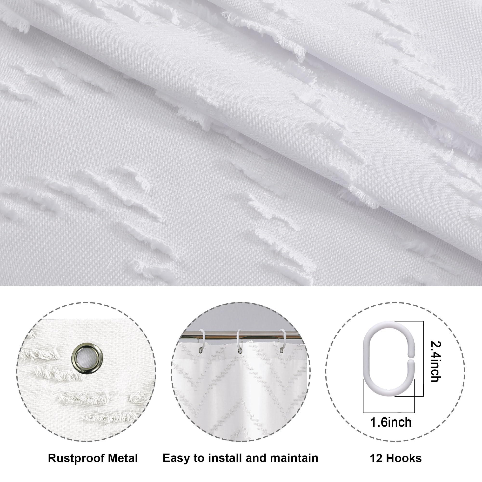 Chyhomenyc Chevron White Fabric Shower Curtain Set 72X84 Inches, Extra Long Farmhouse Boho Shower Curtain Modern Chic Textured T