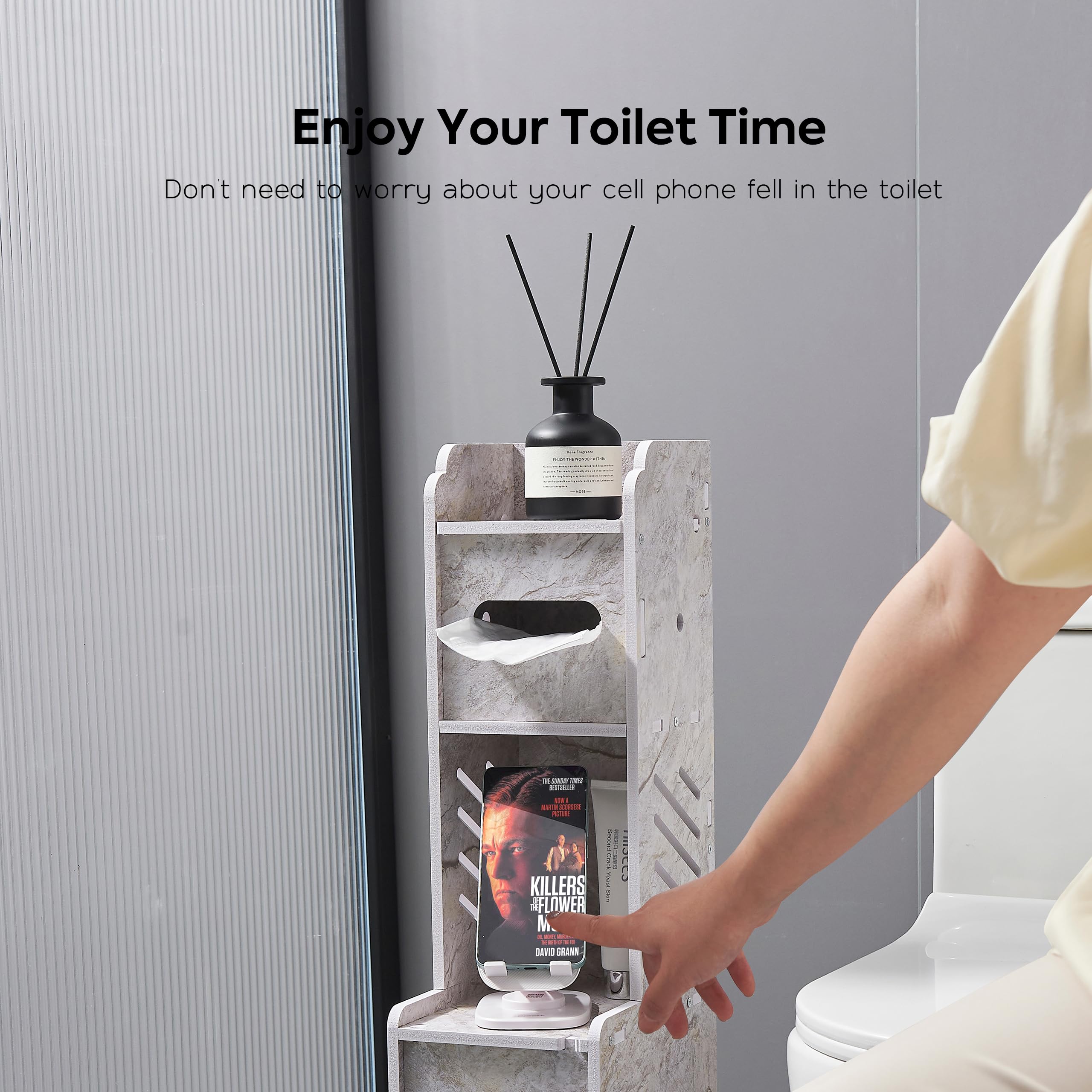 Doxo Small Bathroom Storage Cabinet, Behind Toilet Bathroom Organizer, Narrow Toilet Paper Cabinet For Restroom (Marble White)