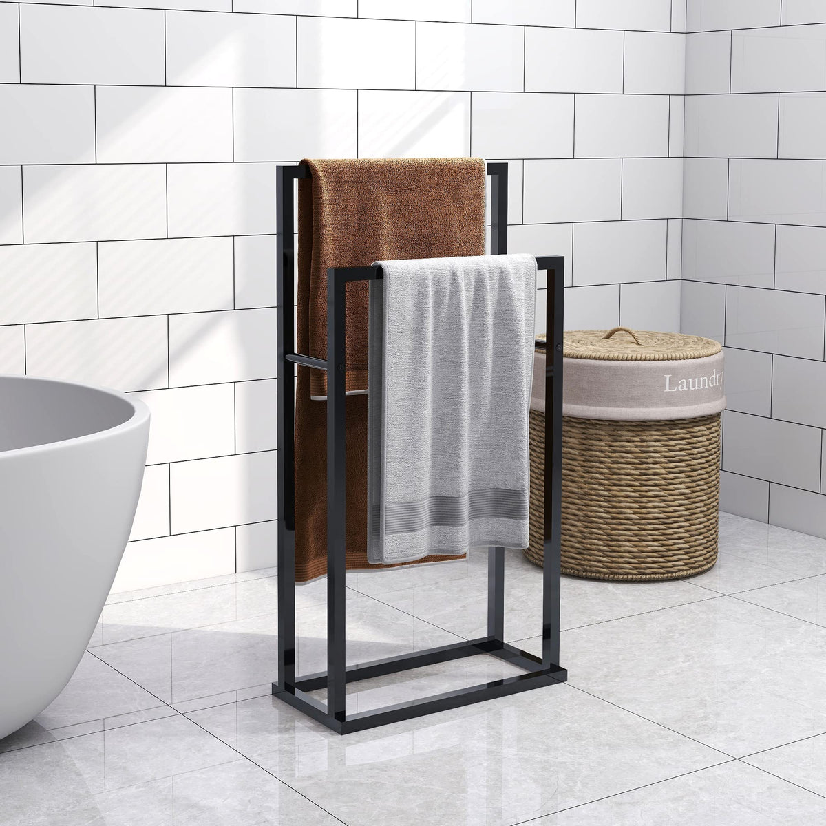 Bofeng 2-Tier Freestanding Black Towel Rack Steel Metal Towel Bar Holder,Modern 2 Bars Ladder Rust-Resistant Drying Rails,Bathro