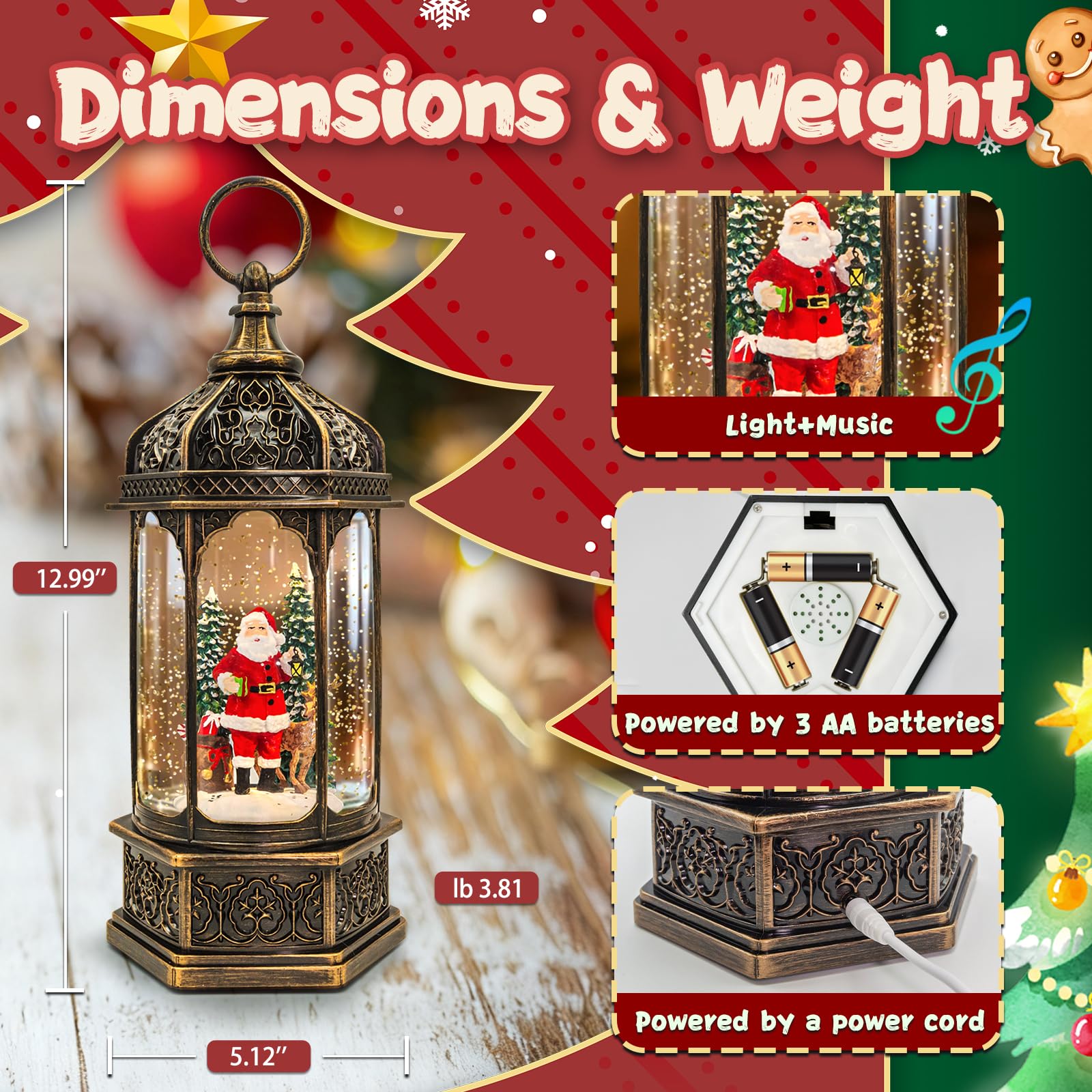 Christmas Snow Globes Lantern, Santa Claus & Deer Christmas Decorations Indoor, 6H Timer Battery & USB Powered Light Up Musical