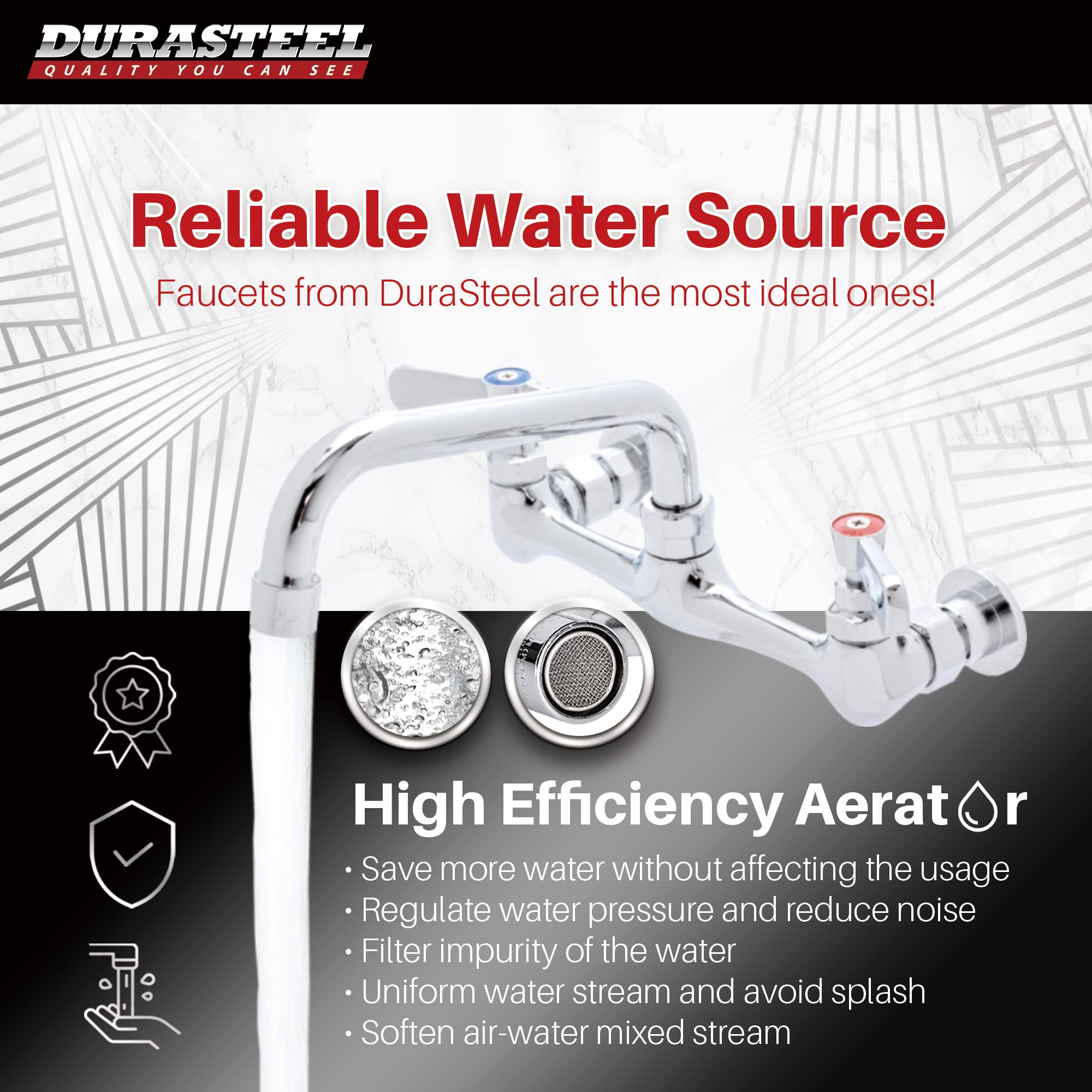 Kitchen Sink Faucet Wall Mount - Durasteel 8'' Center Commercial Kitchen Sink Faucet With 6'' Swivel Spout - Dual Lever Handles