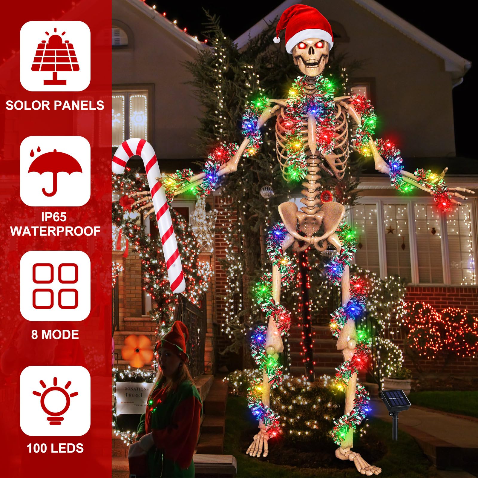 Cozypower Christmas 12 ft Skeleton Santa Outfit Accessory Santa Hat Tinsel Garlands String Light Inflatable Candy Cane(Classic R