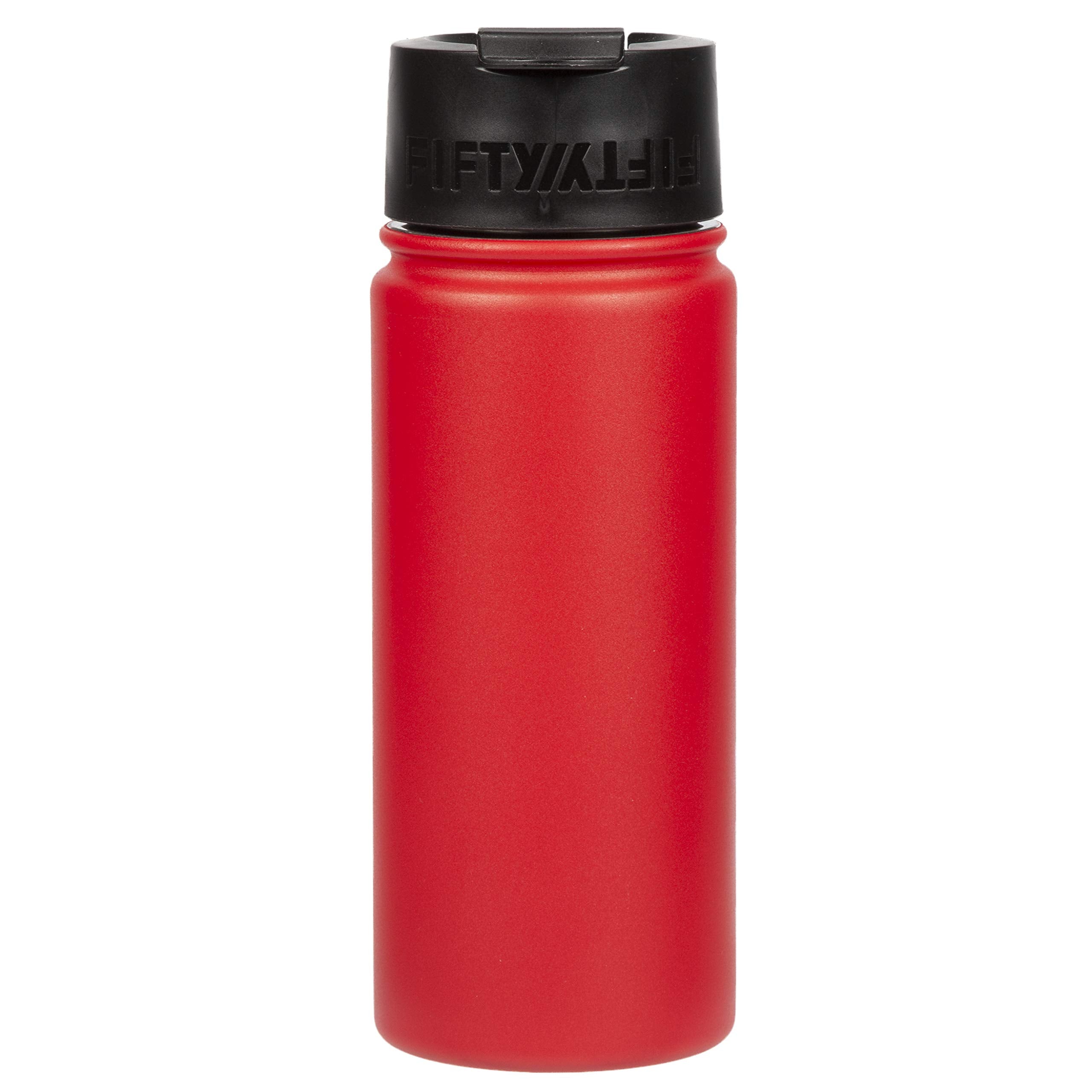 FIFTY/FIFTY 16oz, Double Wall Vacuum Insulated Caf Water Bottle, Stainless Steel, Flip Cap w/ Wide Mouth, Cherry Red, 16oz/473