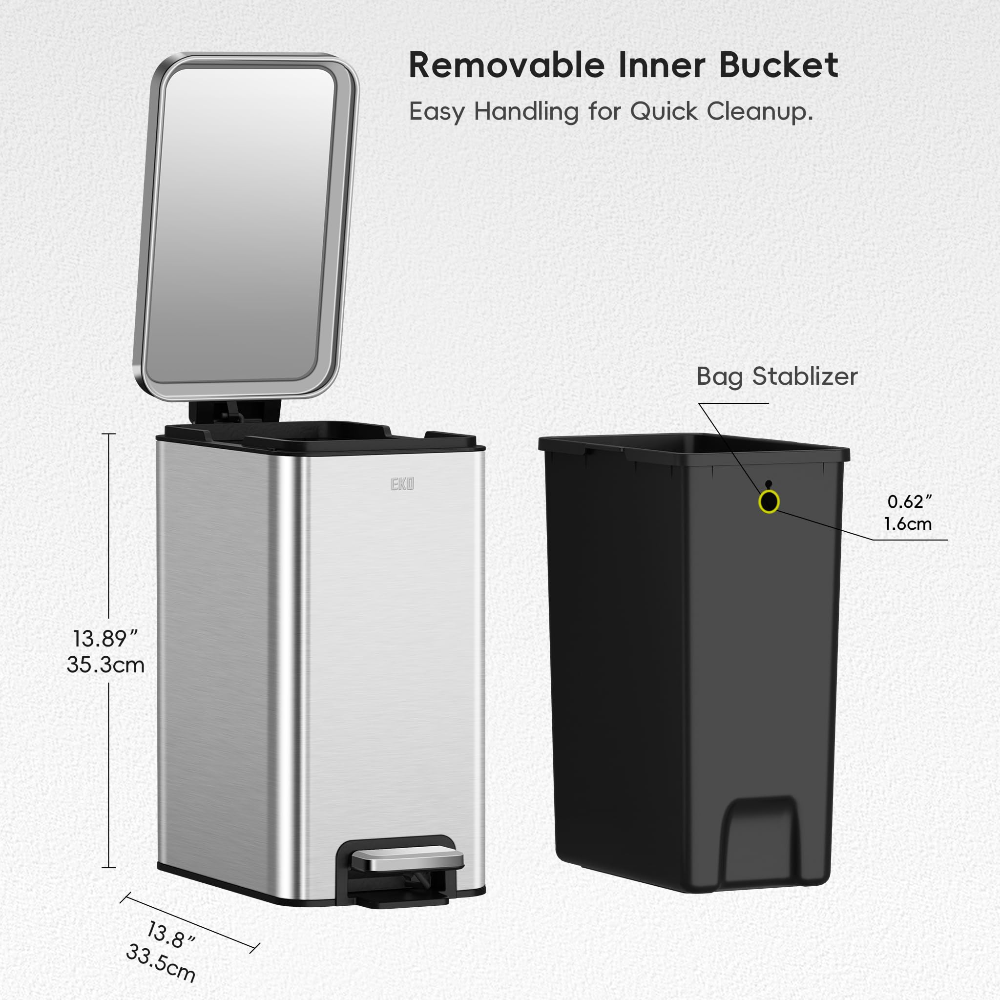 Eko Small Bathroom Trash Can With Lid Soft Close, Step Pedal, 10 Liter / 2.6 Gallon Stainless Steel Garbage Can With Removable I