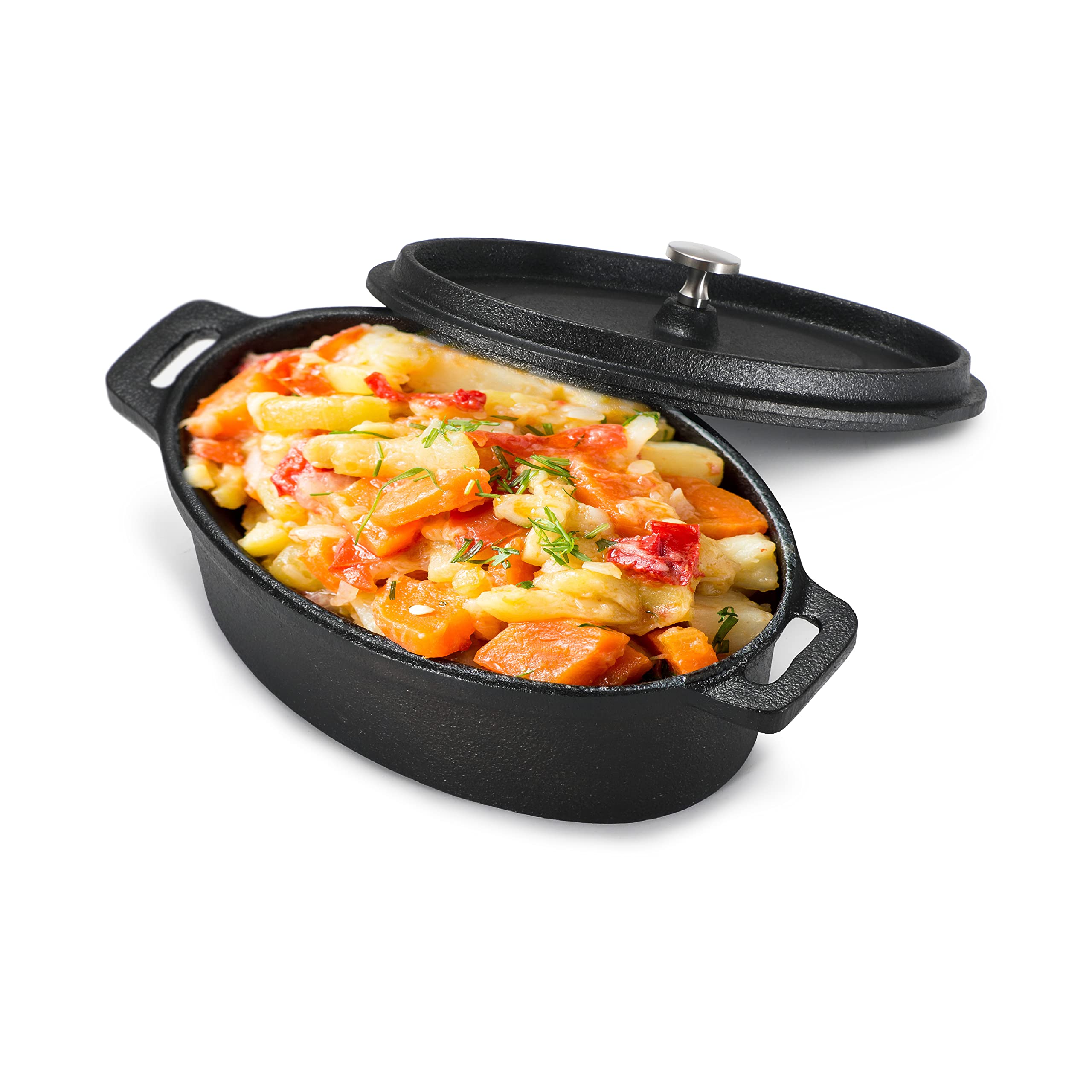 Commercial Chef 0.63-Qt. Mini Casserole with Lid, Pre-Seasoned Cast Iron, Integrated Handles, Works on All Cooktops Including In