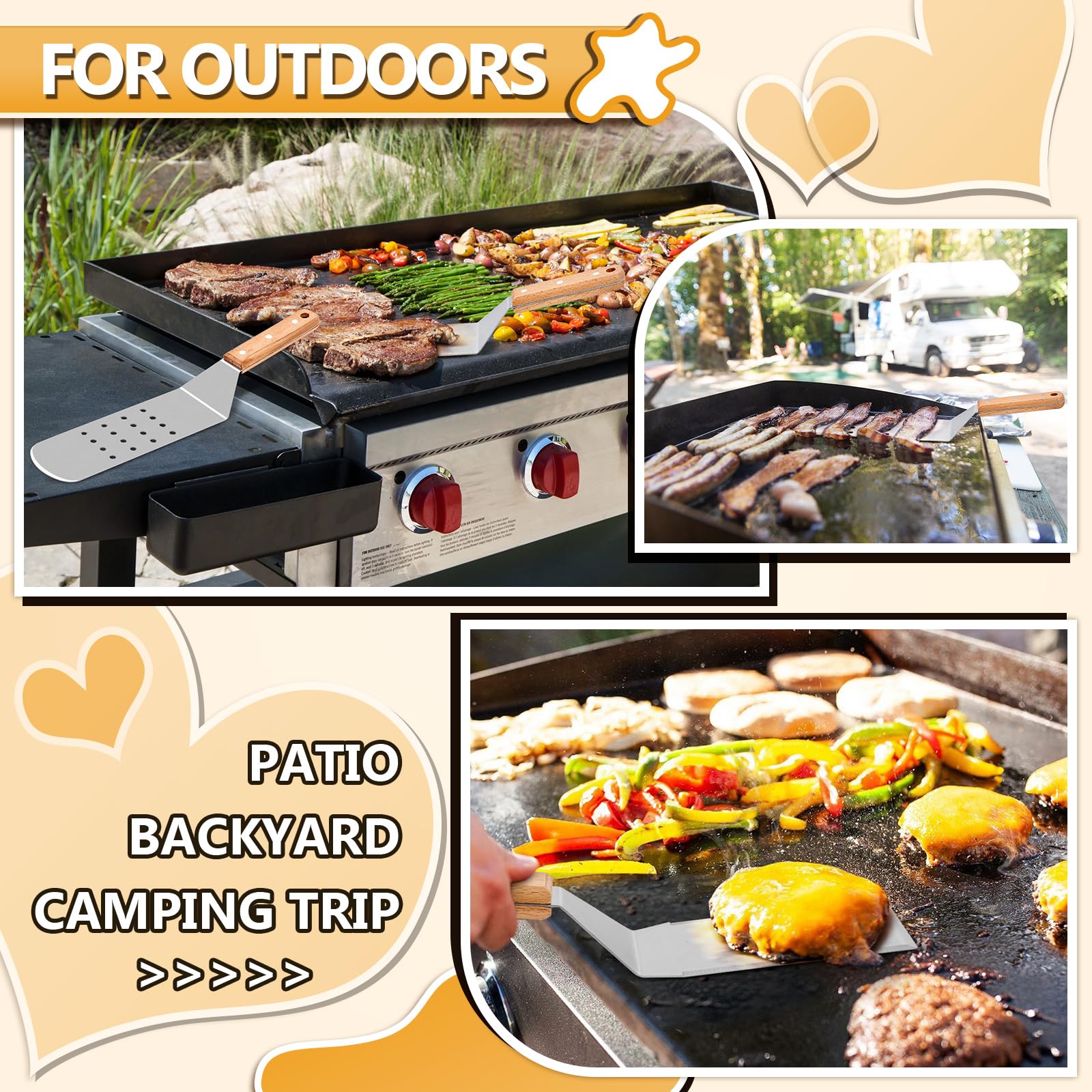 Hasteel Metal Spatula Set Of 4, Stainless Steel Griddle Spatula Tools Set With Wooden Riveted Handle, Professional Griddle Acces