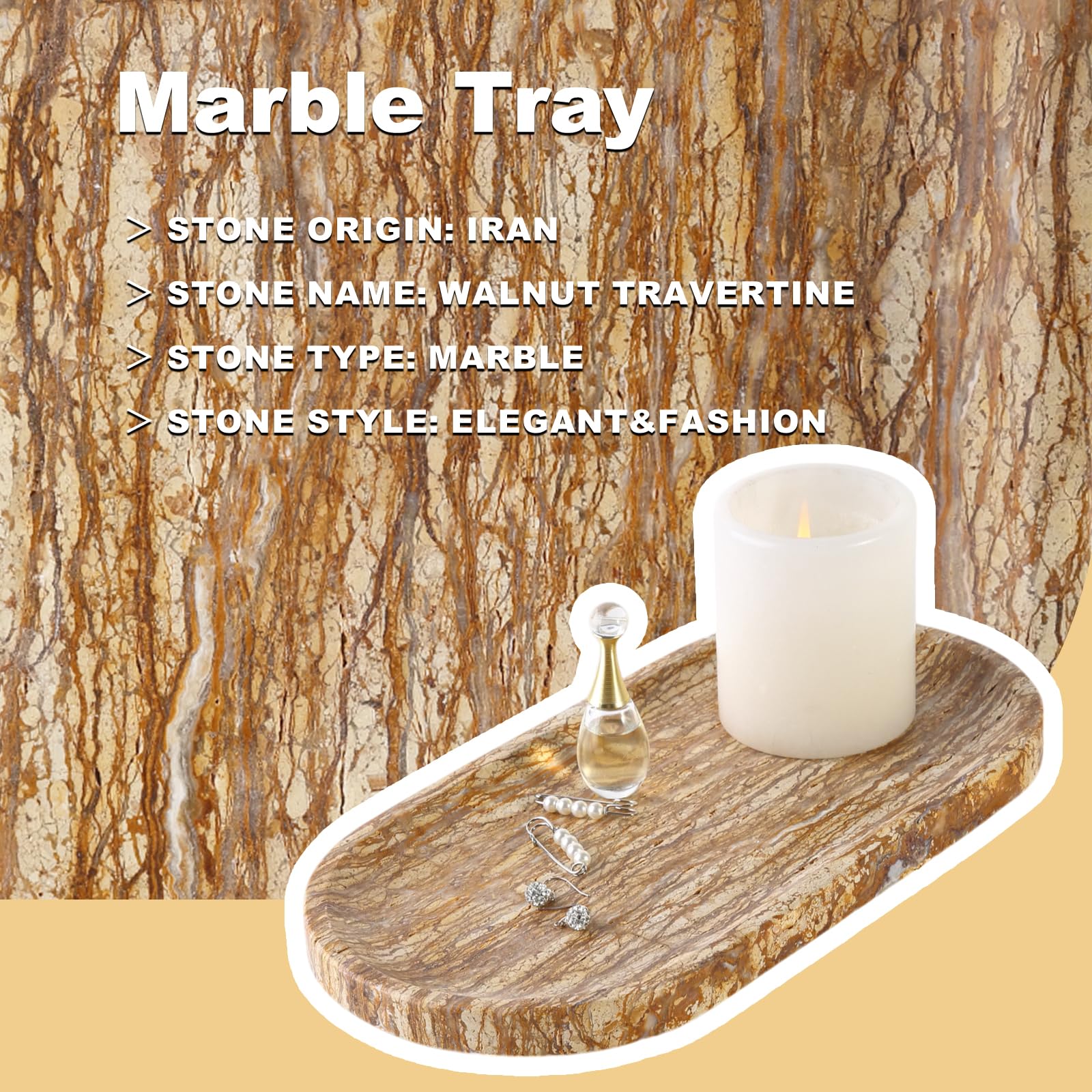 Koville Turkish Natural Marble Tray, 12'' Vanity Decorative Tray For Countertop Organizer, Catchall Tray For Perfume, Candles, J