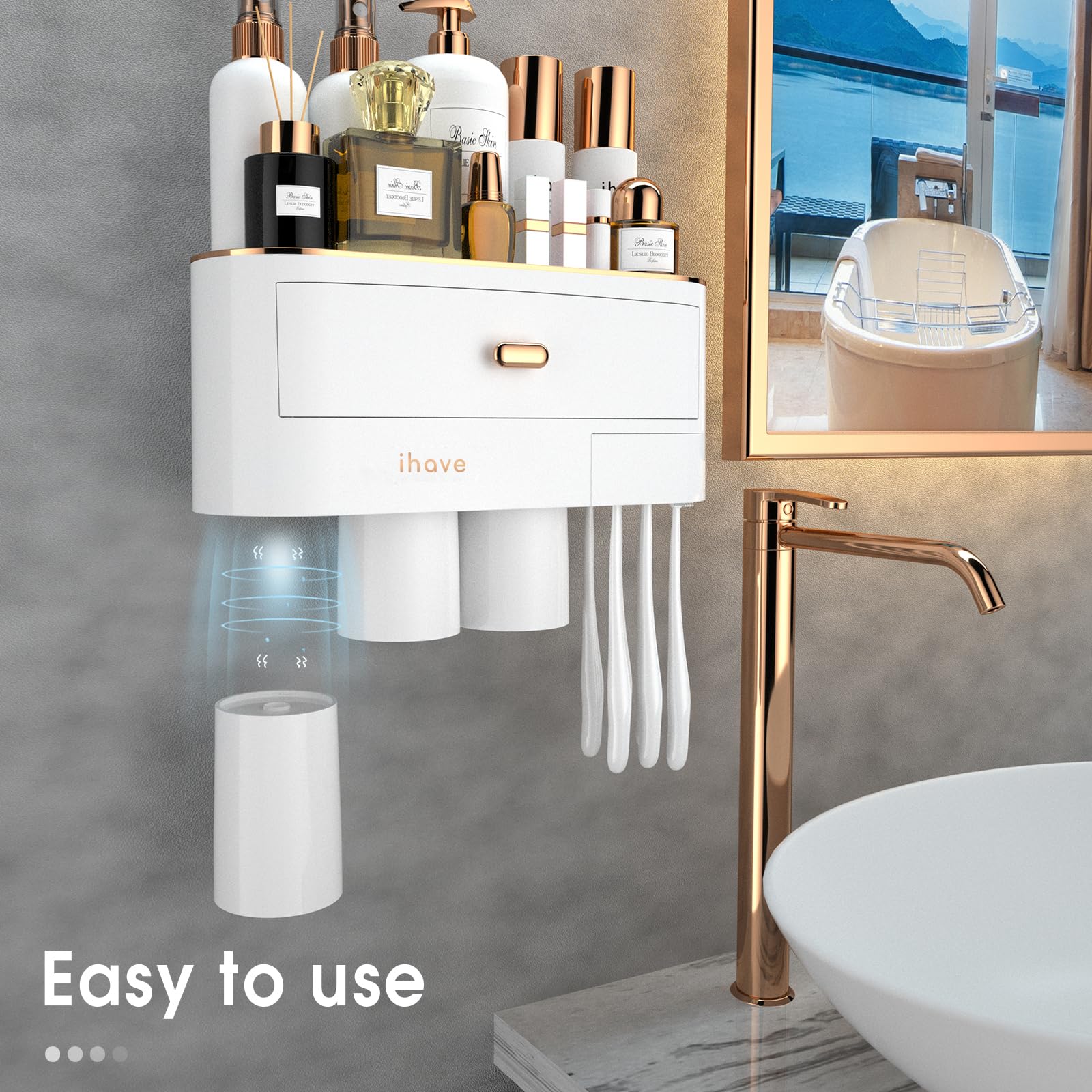 Ihave Toothbrush Holders For Bathrooms, 3 Cups Toothbrush Holder Wall Mounted With Large Capacity Drawer And Tray - Bathroom Org