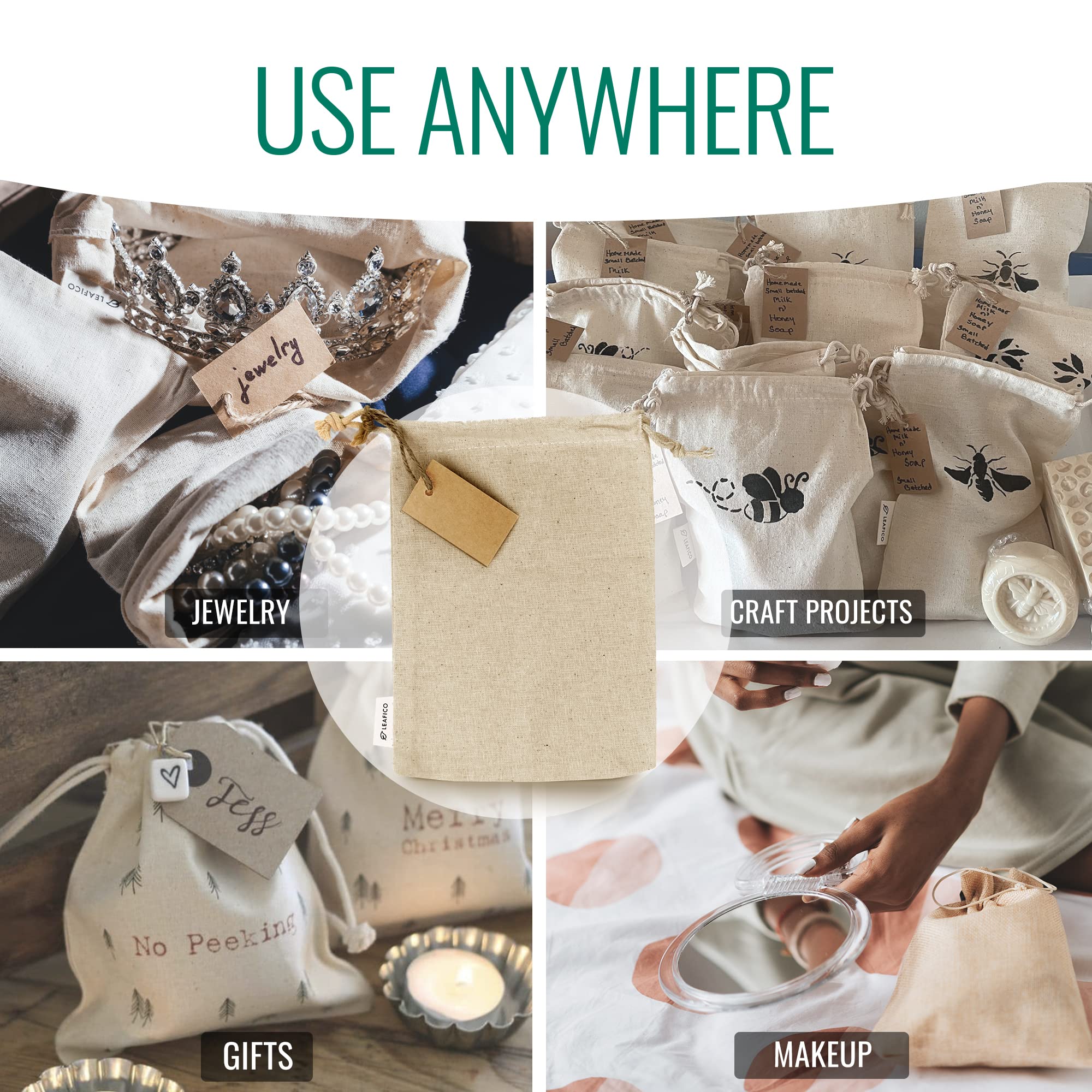 Leafico Reusable Cotton Bags X-Small 3X4 - Cloth Gift Bags With Drawstrings For Jewelry Home Supplies Christmas Wedding Party Fa