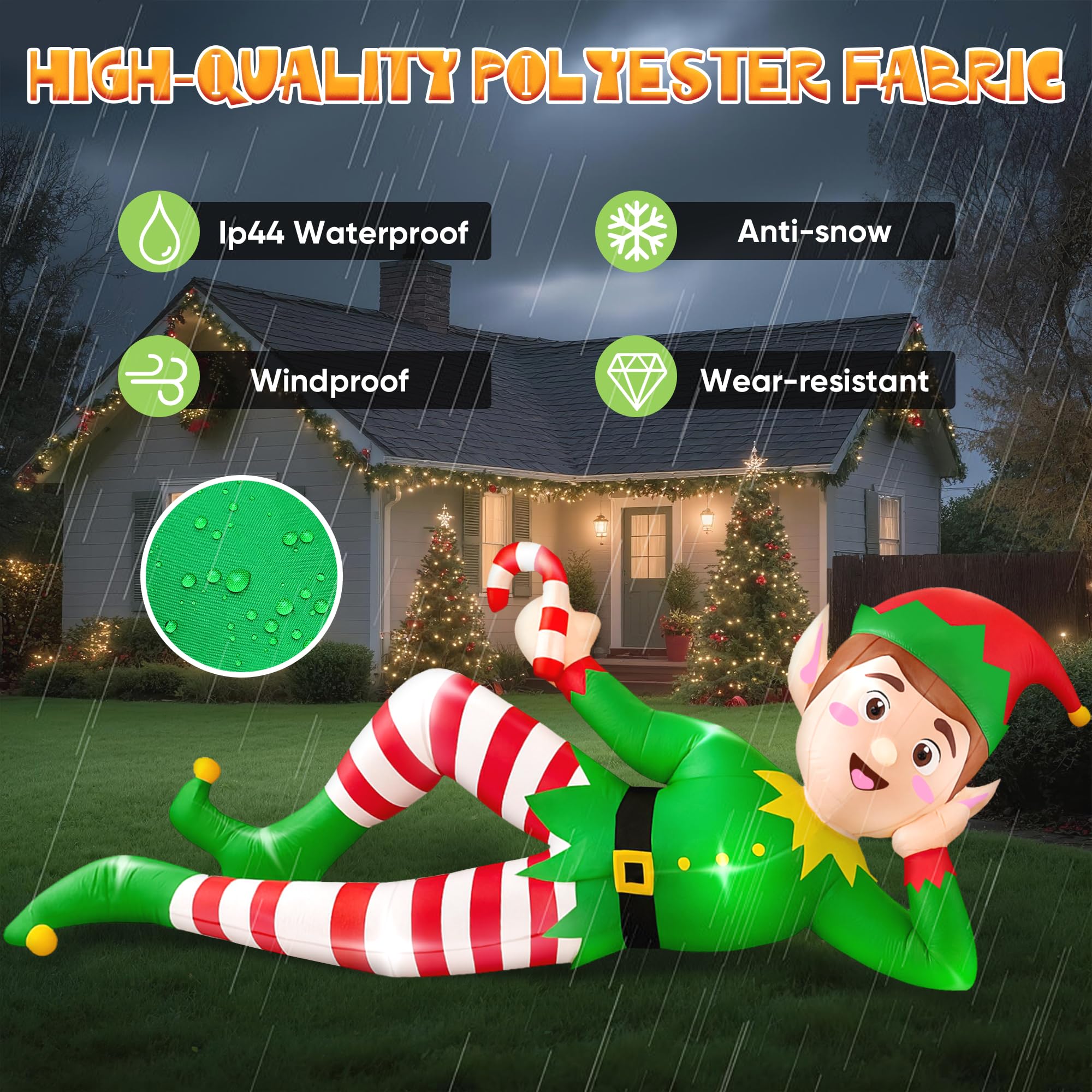 CORALMEE 8 FT Christmas Inflatable Outdoor Decoration, Lying Elf Christmas Blow up Yard Decorations with LED Lights, Elf Inflata