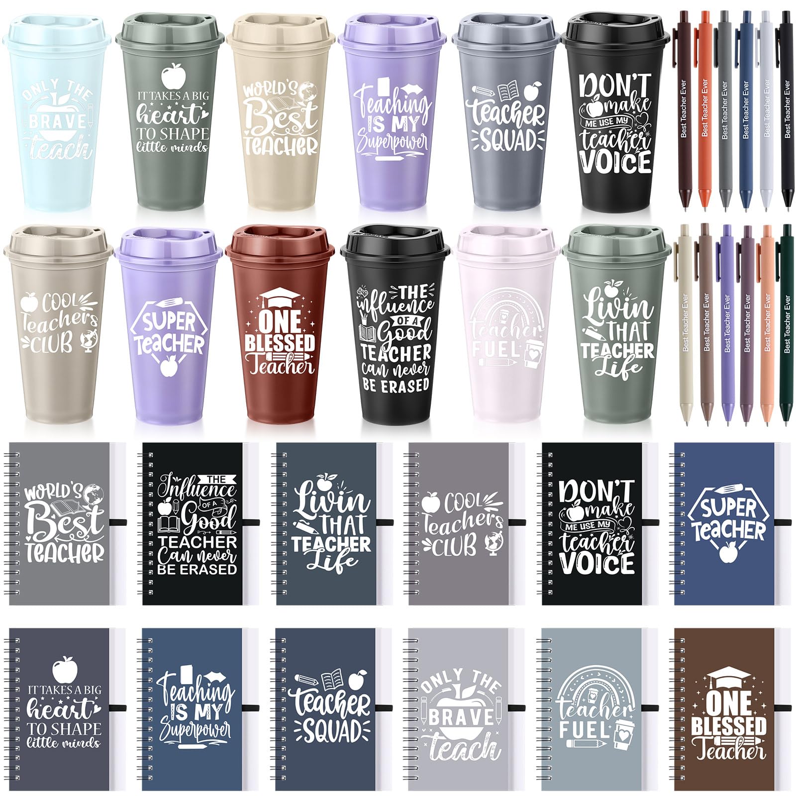 LemonRoad 36 Pcs Teacher Appreciation Gifts Bulk Thank You Teachers Set 16 oz Plastic Coffee Cup with Lid Straw Notebook and Pen