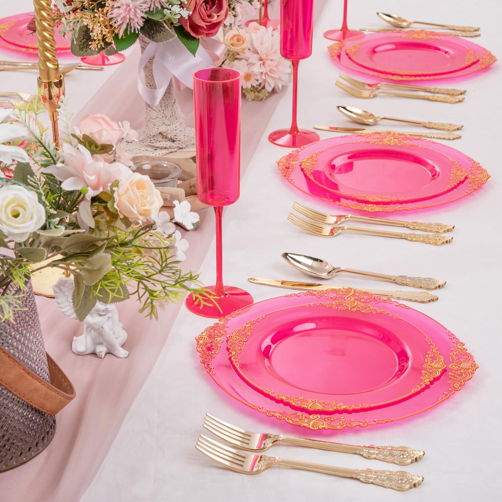 Joyido 102Pcs Hot Pink Plastic Plates - Pink Disposable Plates With Gold Rim - Hot Pink Party Plates Include 51Pcs 7.5Inch Desse
