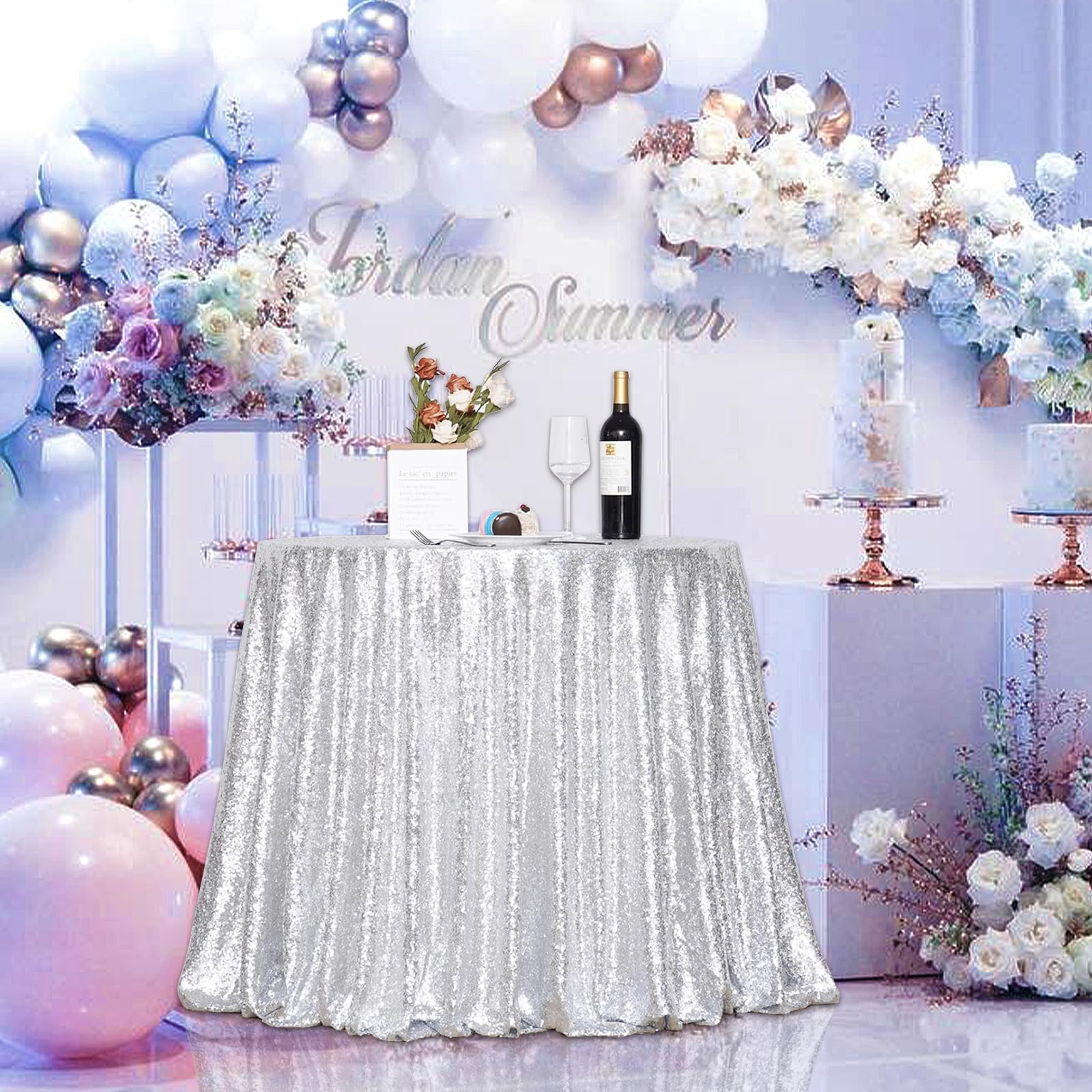 Partydelight 70'' Inch Silver Sequin Tablecloth Round Wedding, Party, Christmas Decorations