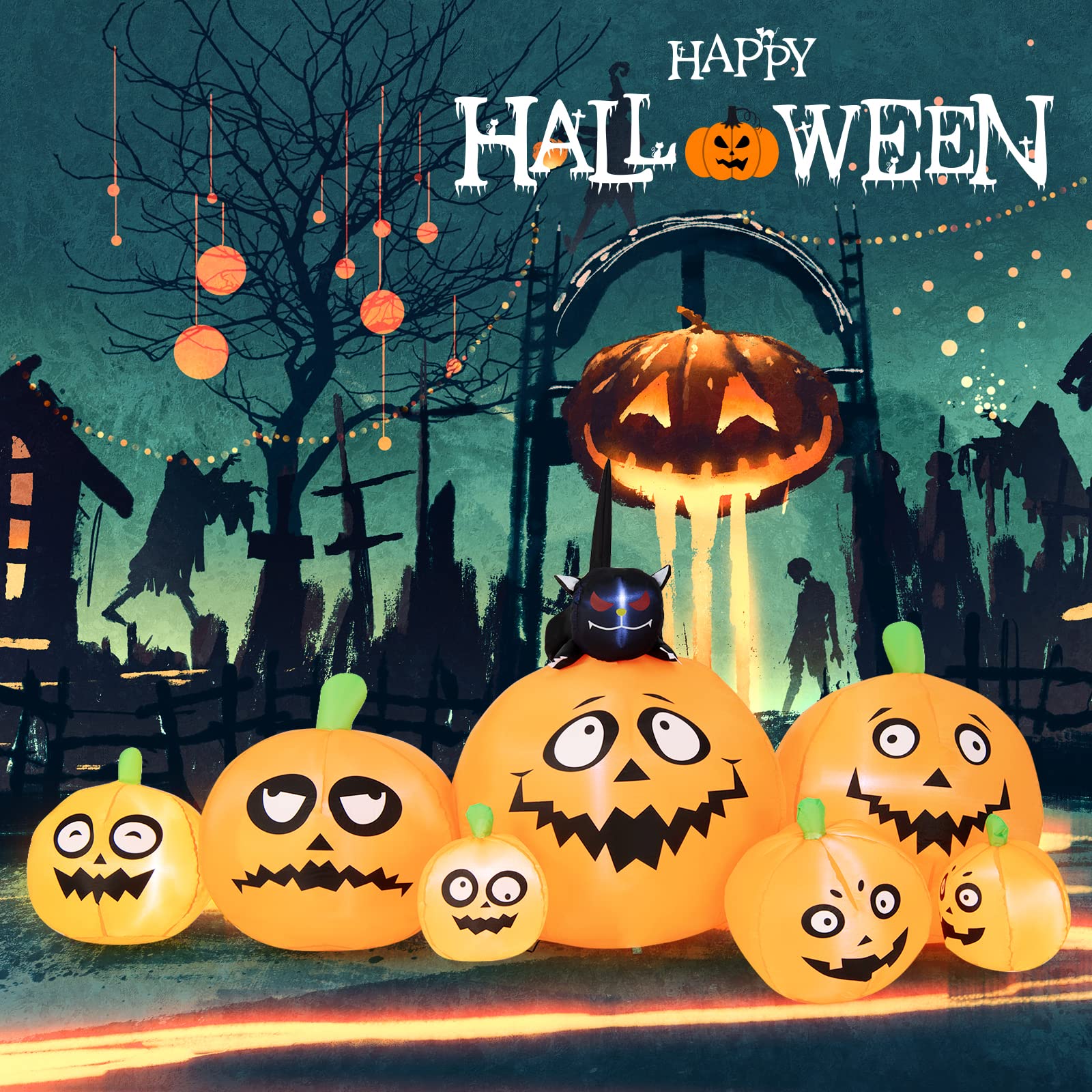 Tangkula 8 FT Halloween Inflatable Pumpkin Patch Lanterns with Witchs Cat, Blow Up 7 Pumpkins Family with Built-in LED Lights &