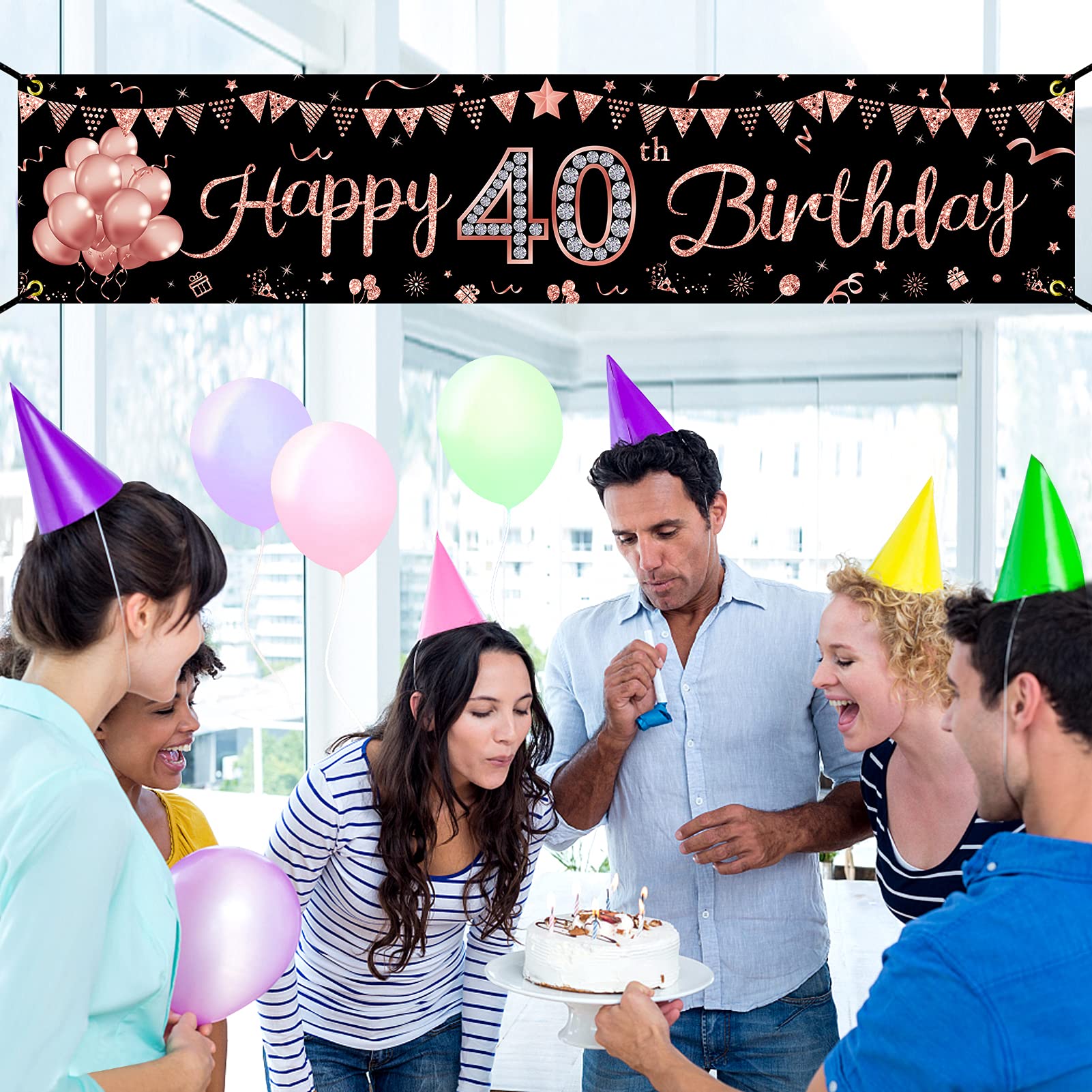 40Th Birthday Banner Decorations For Women, Rose Gold Happy 40 Year Old Birthday Sign Party Supplies, Forty Bday Party Decor Pho