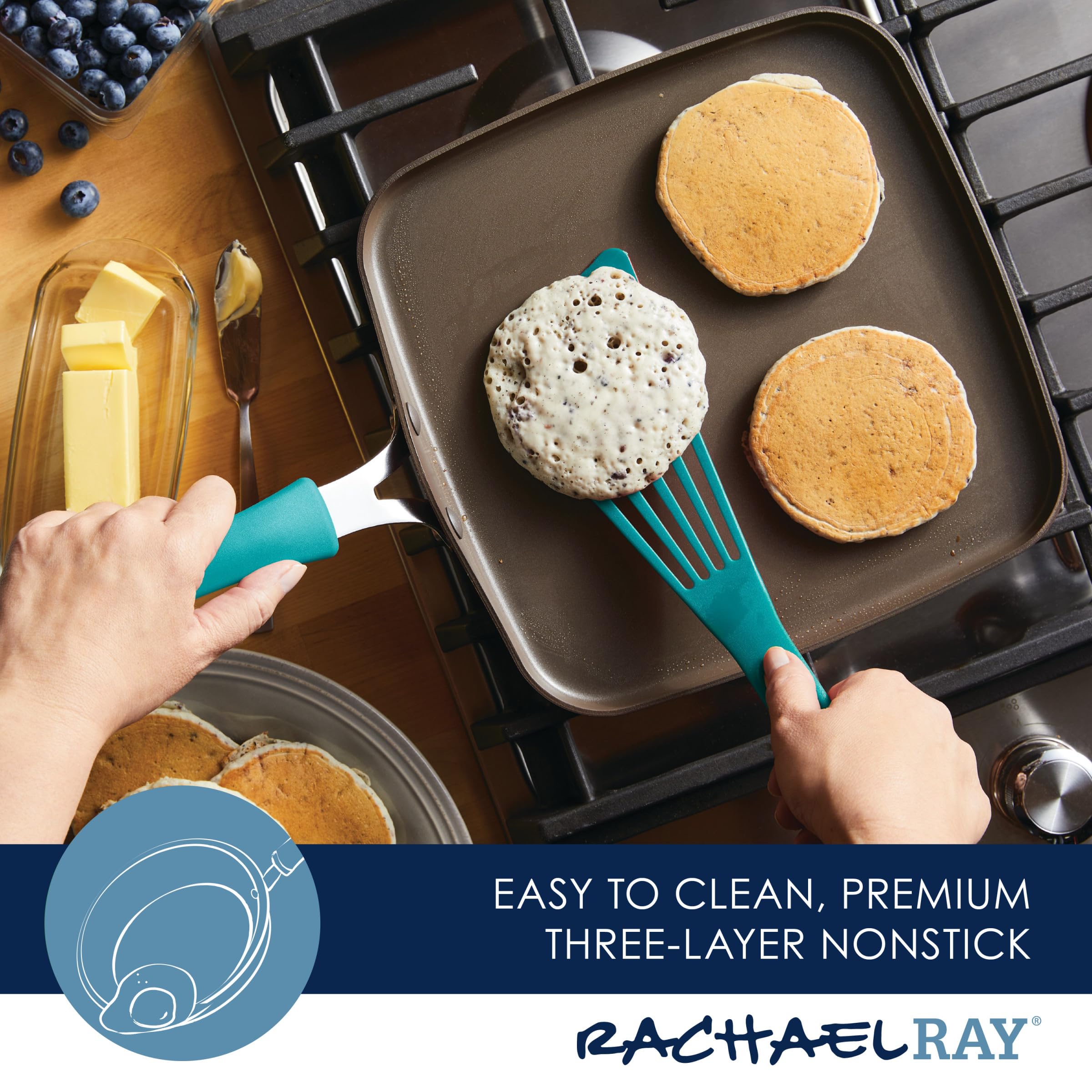 Rachael Ray Cook + Create Nonstick Stovetop Griddle/Grill Pan, Square, 11 Inch, Agave Blue