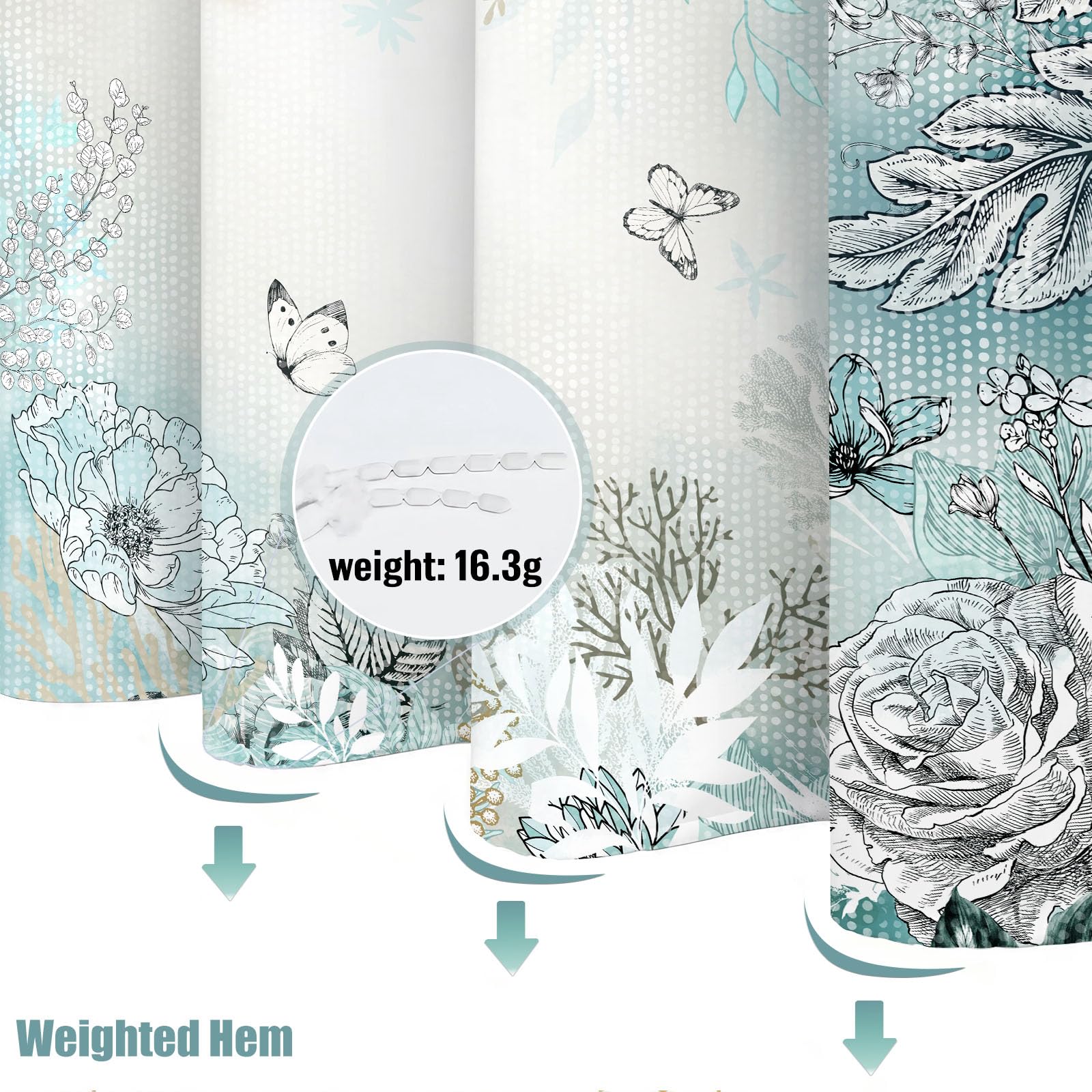 Zussun Teal And White Floral Shower Curtain Modern Sketch Flower Plant Leaf Shower Curtains For Bathroom Pretty Butterfly Waterp