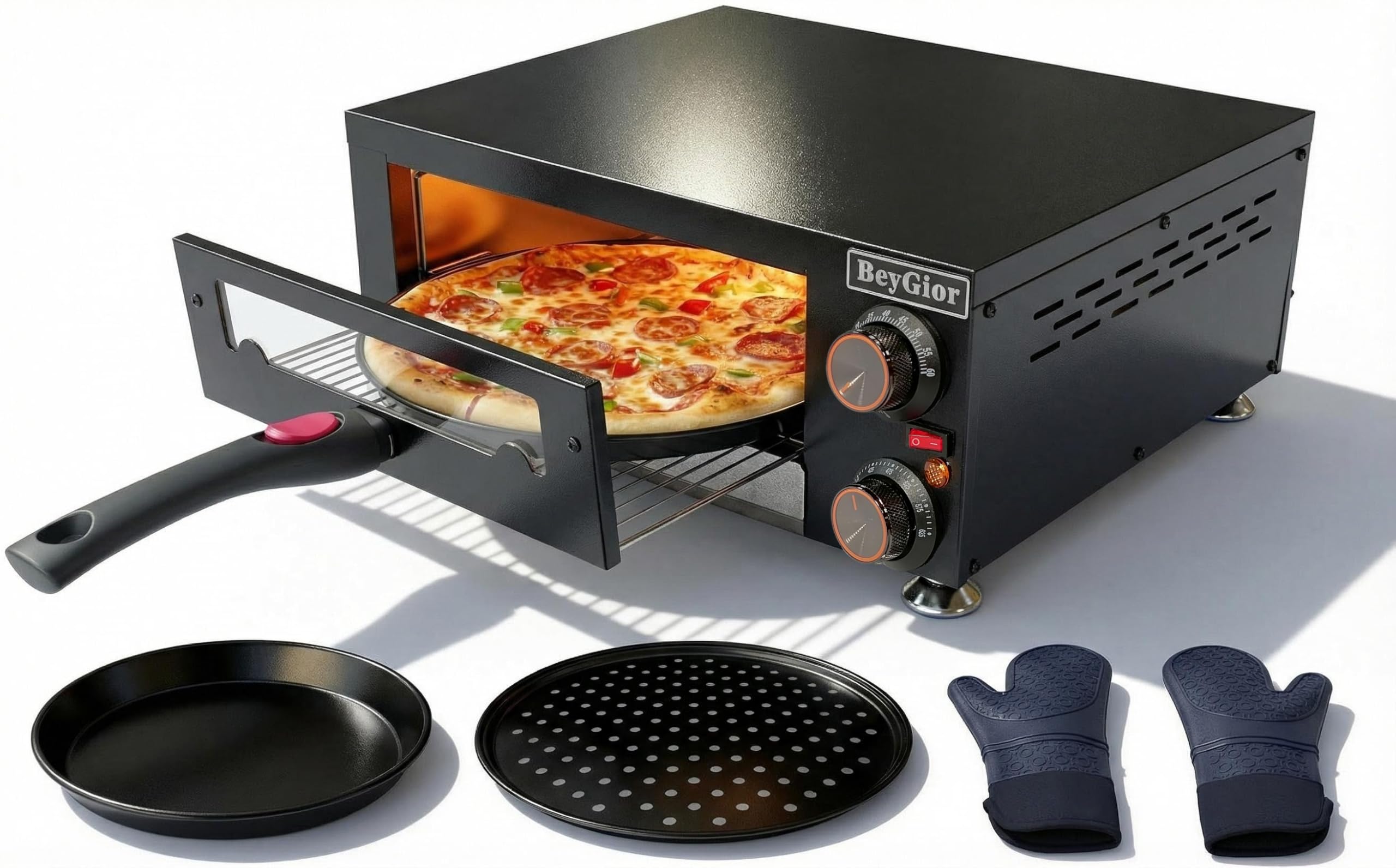 BeyGior Electric Pizza Oven Indoor,12 inch Countertop Pizza Maker with Viewing Window,Stainless Steel Commercial Pizza Oven, Rem