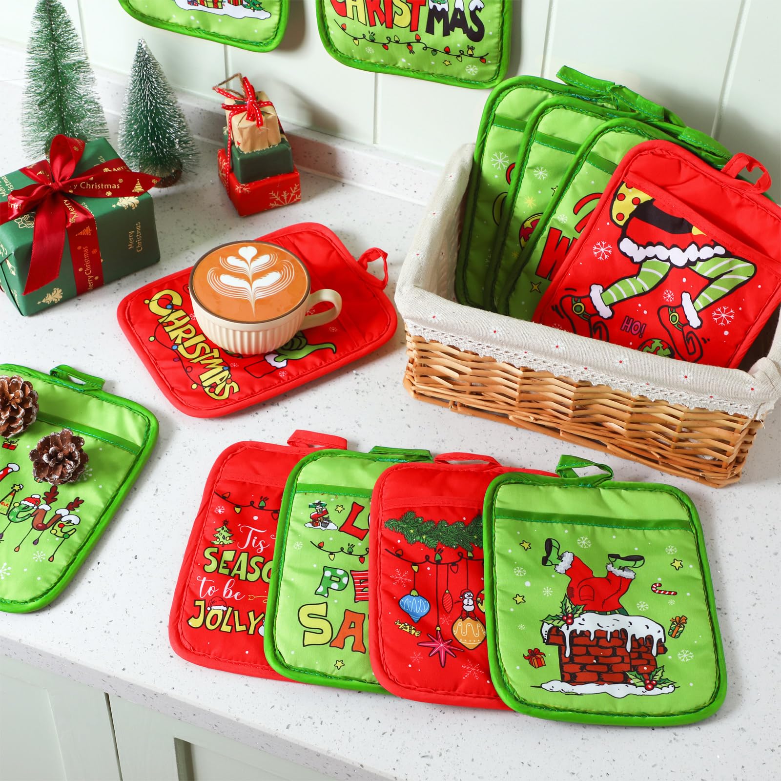 Jingmore 12 Pcs Christmas Pot Holders Bulk with Pocket Lime Green Xmas Pot Holders for Kitchen Red Green Santa Hot Pads and Oven