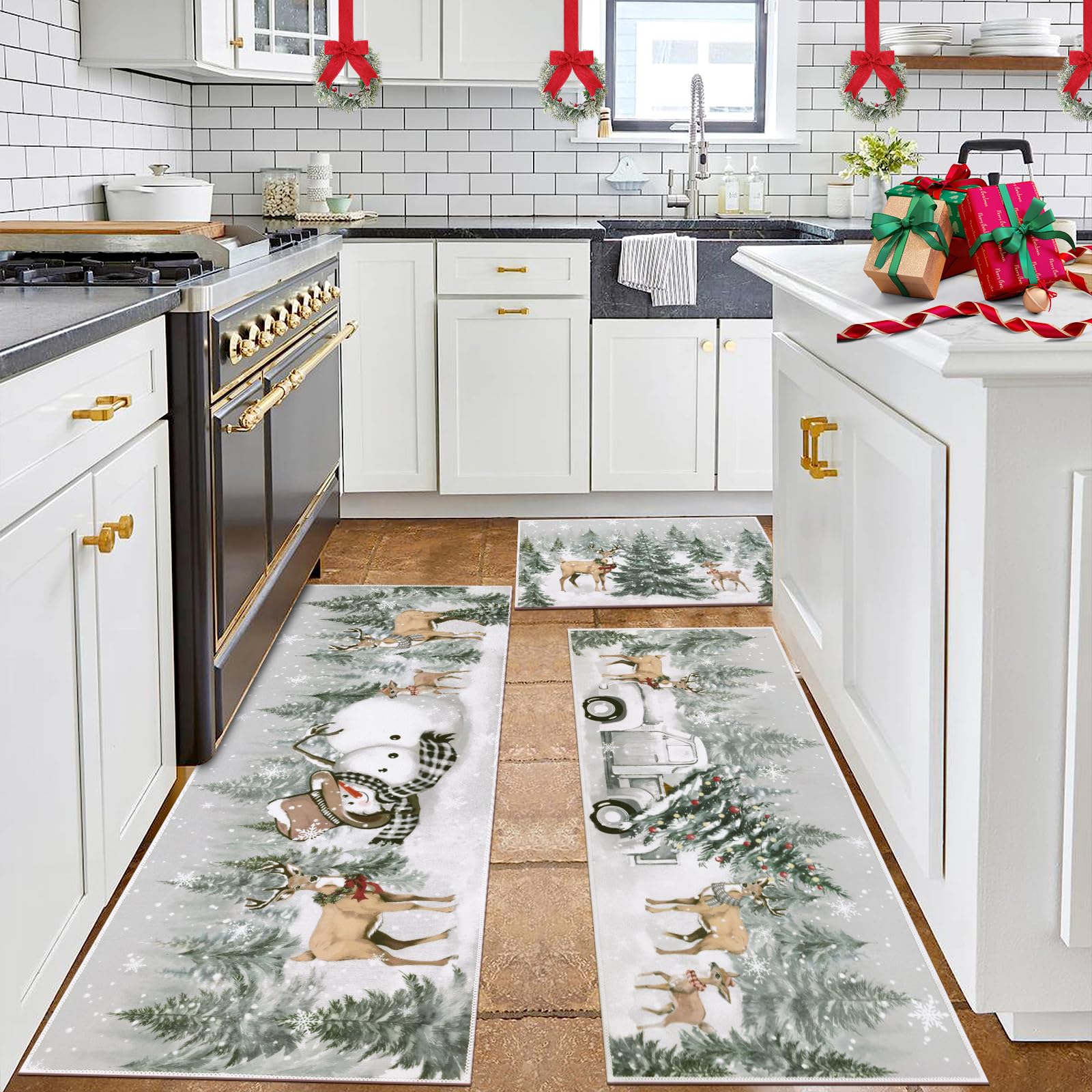 U Artlines Christmas Kitchen Rug and Mat Set of 3, Non Skid Xmas Tree Snowman Deer Kitchen Mats for Home Decor, Washable Runner