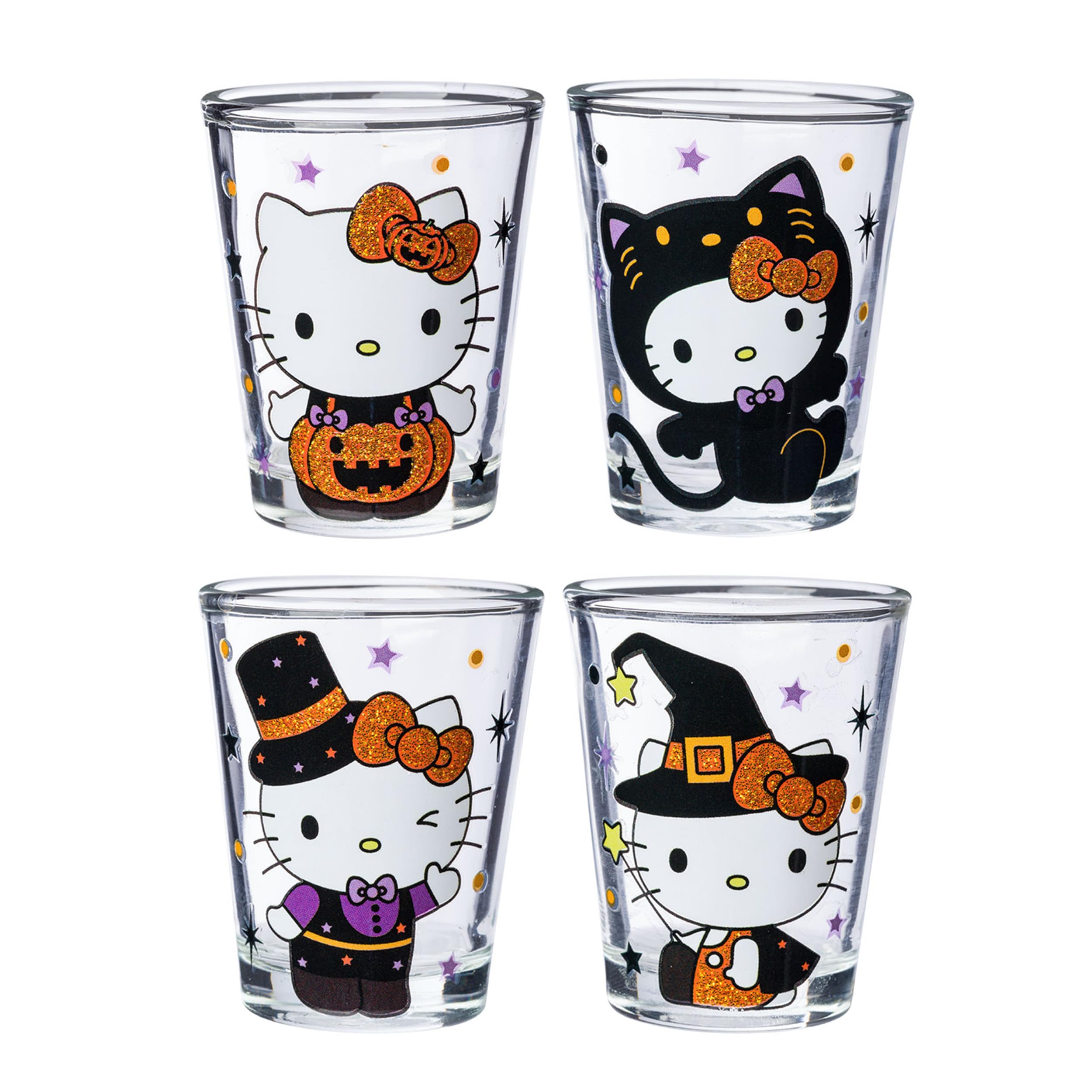 Silver Buffalo Sanrio Hello Kitty Halloween Spooky Costumes Glitter 4 Pack Mini Glass Set, 1.5 Ounces