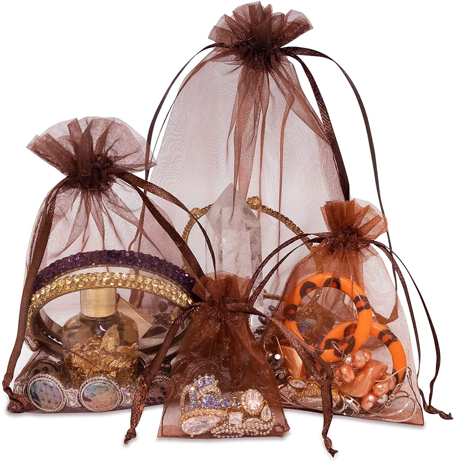 Thedisplayguys 100-Pack Xs 2 X 2 3/4'' Brown Sheer Organza Gift Bags With Drawstring, Jewelry Candy Treat Wedding Party Favors M
