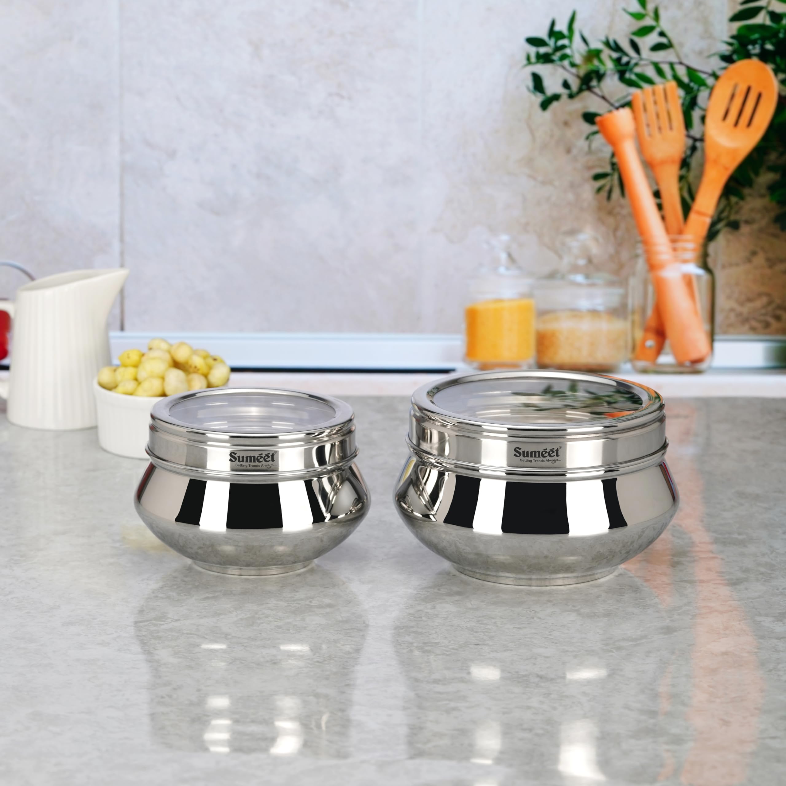 Sumeet Stainless Steel Handi Shape Big Size Canisters Dabba Storage Containers Set For Kitchen With Transparent See Through Lid  11.6Cm & 14.5Cm Dia  800Ml & 1400Ml  Pack Of 2  Silver