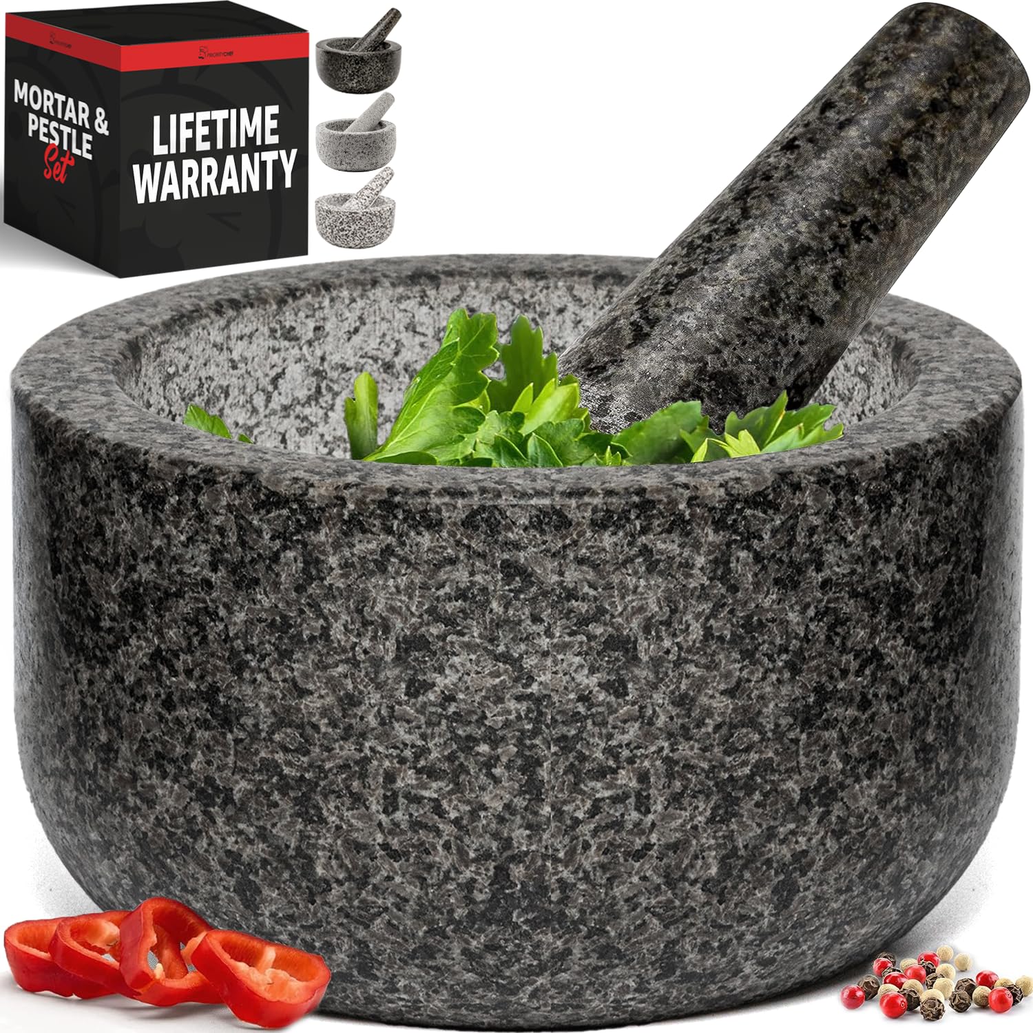 Priority Chef Heavy Duty Large Mortar and Pestle Set, 100% Granite, Non Slip Base, Make Fresh Guacamole, Salsa, Pesto, Stone Gri