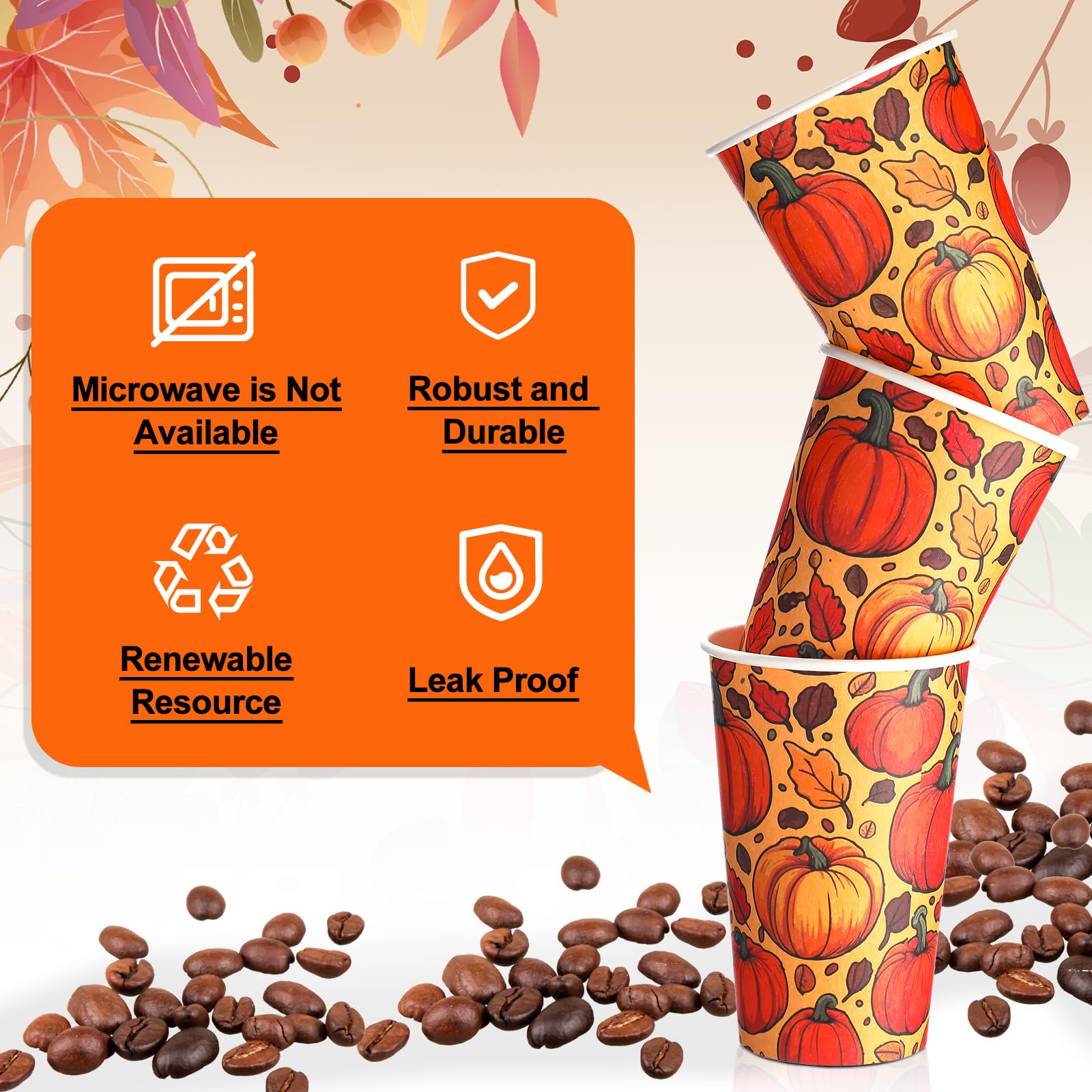 SiliFine 100 Pcs 12 oz Fall Pumpkin Paper Coffee Cups with Lids, Thanksgiving Disposable Maple Leaves Beverage Drinking Cups Fal