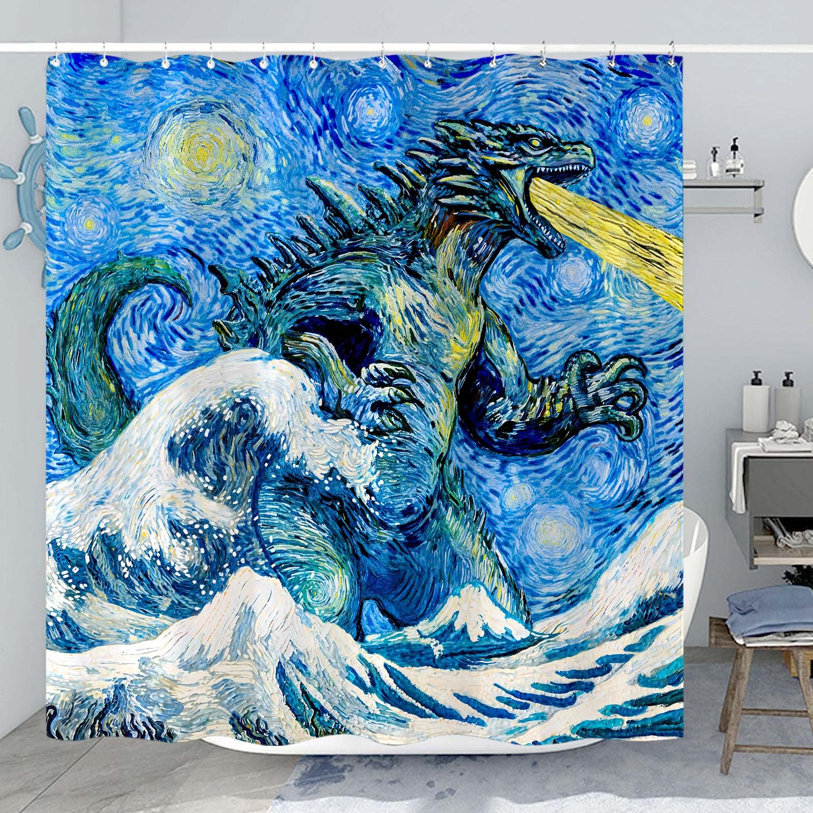 Wegklazax Dinosaur Shower Curtain Monster Funny Shower Curtain Van Gogh Wave Shower Curtain Bathroom Curtain Decor Set With 12 H