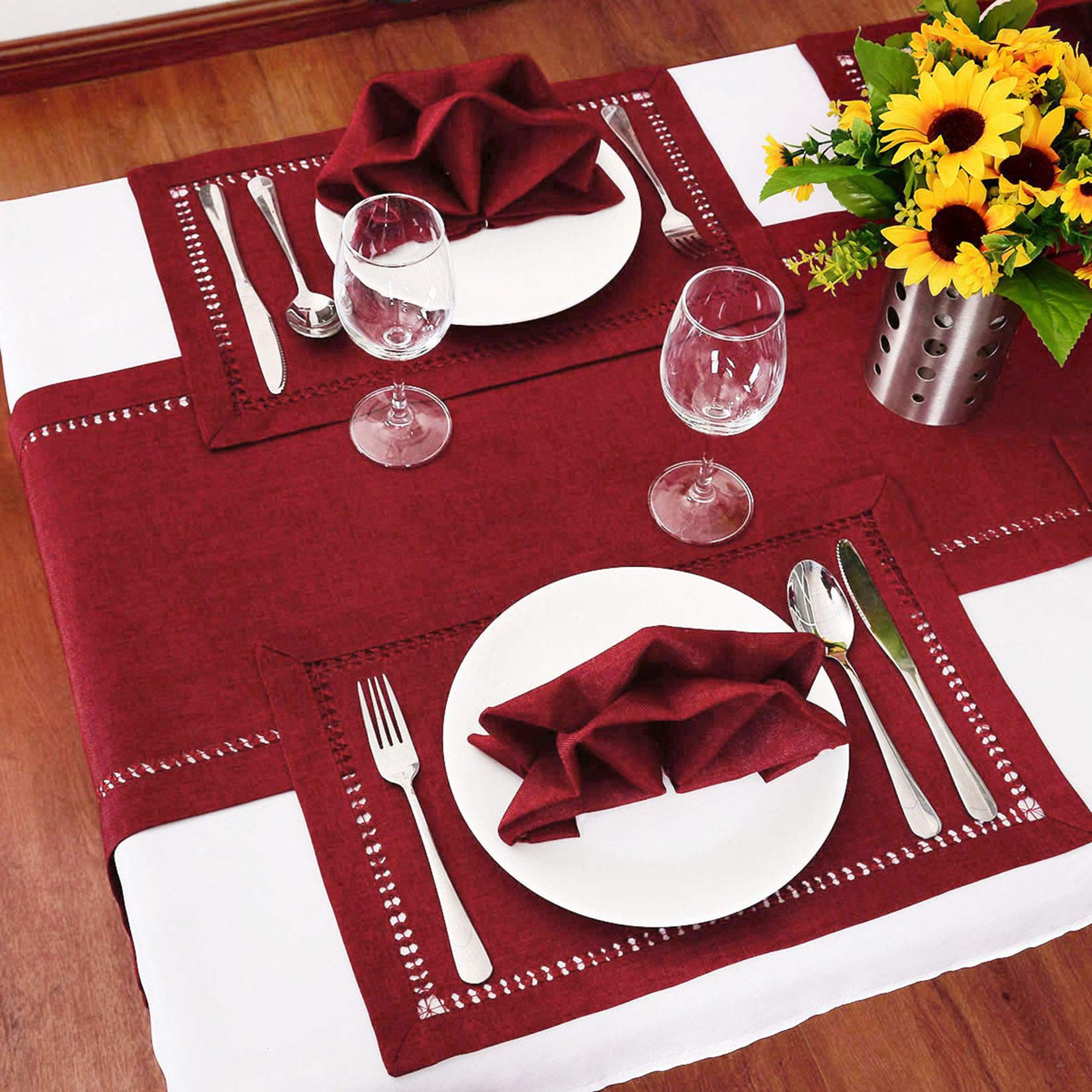Grelucgo Handcrafted Solid Color Dining Table Runner, Dresser Scarf, Double-Hemstitched (Burgundy, 14 X 54)