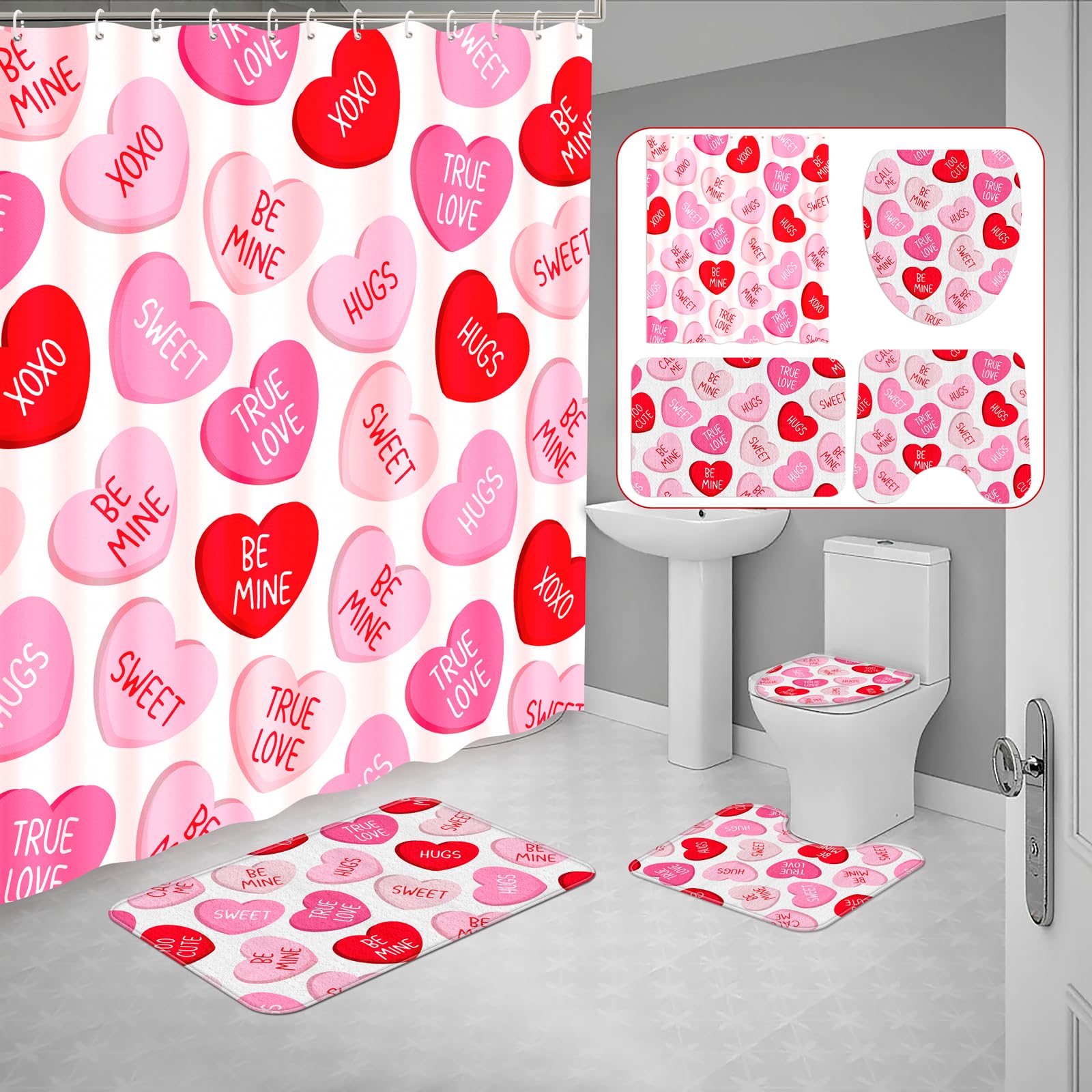 Tieshankao 4Pcs Valentines Shower Curtain Bathroom Set - Pink Red Love Non Slip Rugs Toilet Lid Cover Bath Mat With 12 Hooks - S