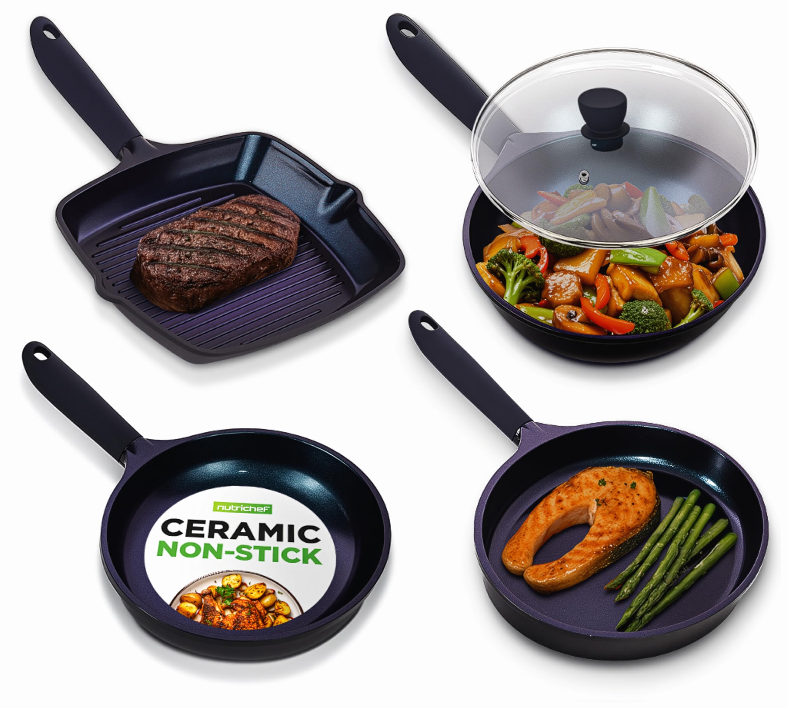 NutriChef 5 Pc Frying Pan Set Nonstick, Blue Diamond Ceramic with Lid