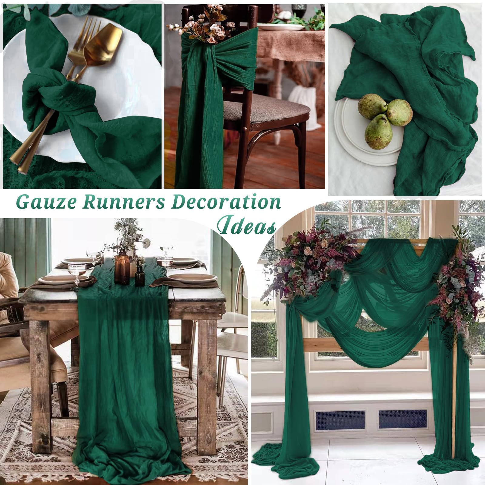 10 Pcs Dark Green Cheesecloth Table Runner 10Ft, Gauze Table Runner For Wedding Reception Sheer Bridal Shower Birthday Party Boh