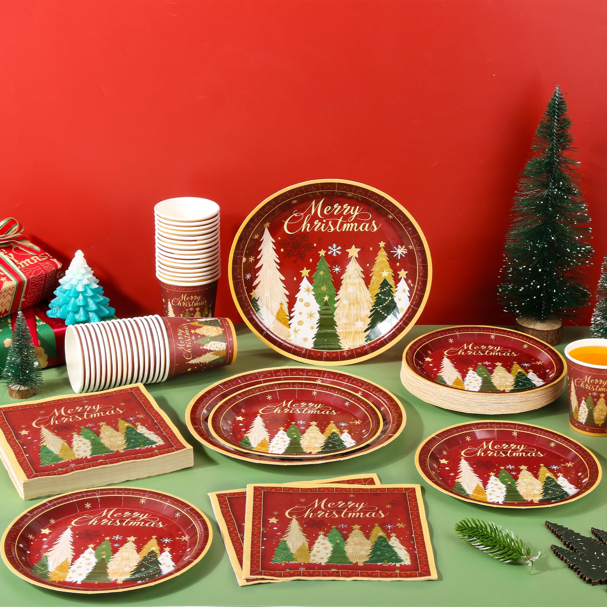 Purhapfre Christmas Party Dinnerware Set - 200Pcs Paper Plates, Napkins & Cups, Large Merry Tree Design, Serves 50
