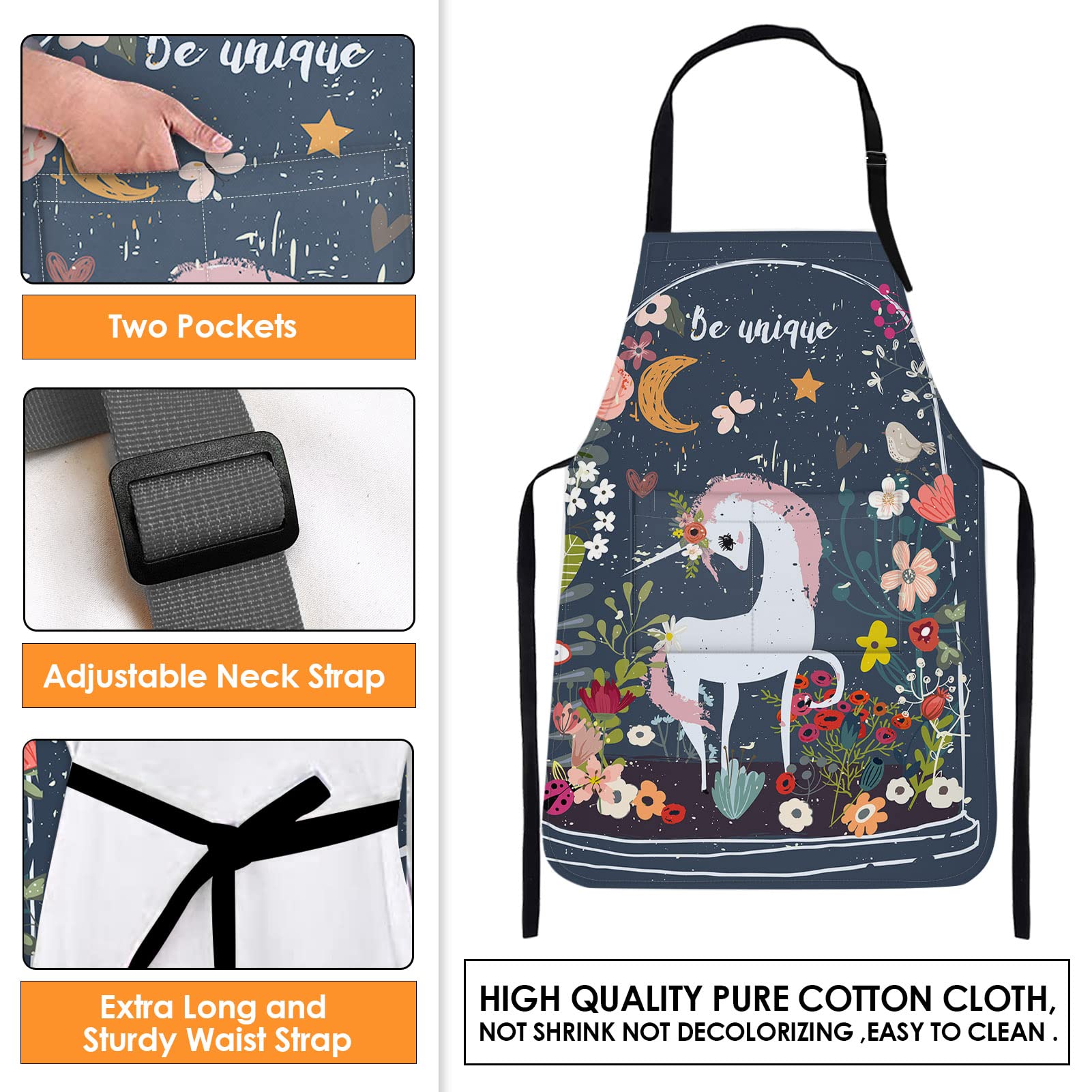 Britimes Apron Home Kitchen Cooking Baking Gardening For Women Men With Pockets Unicorn Be Floral Moon 32X28 Inch