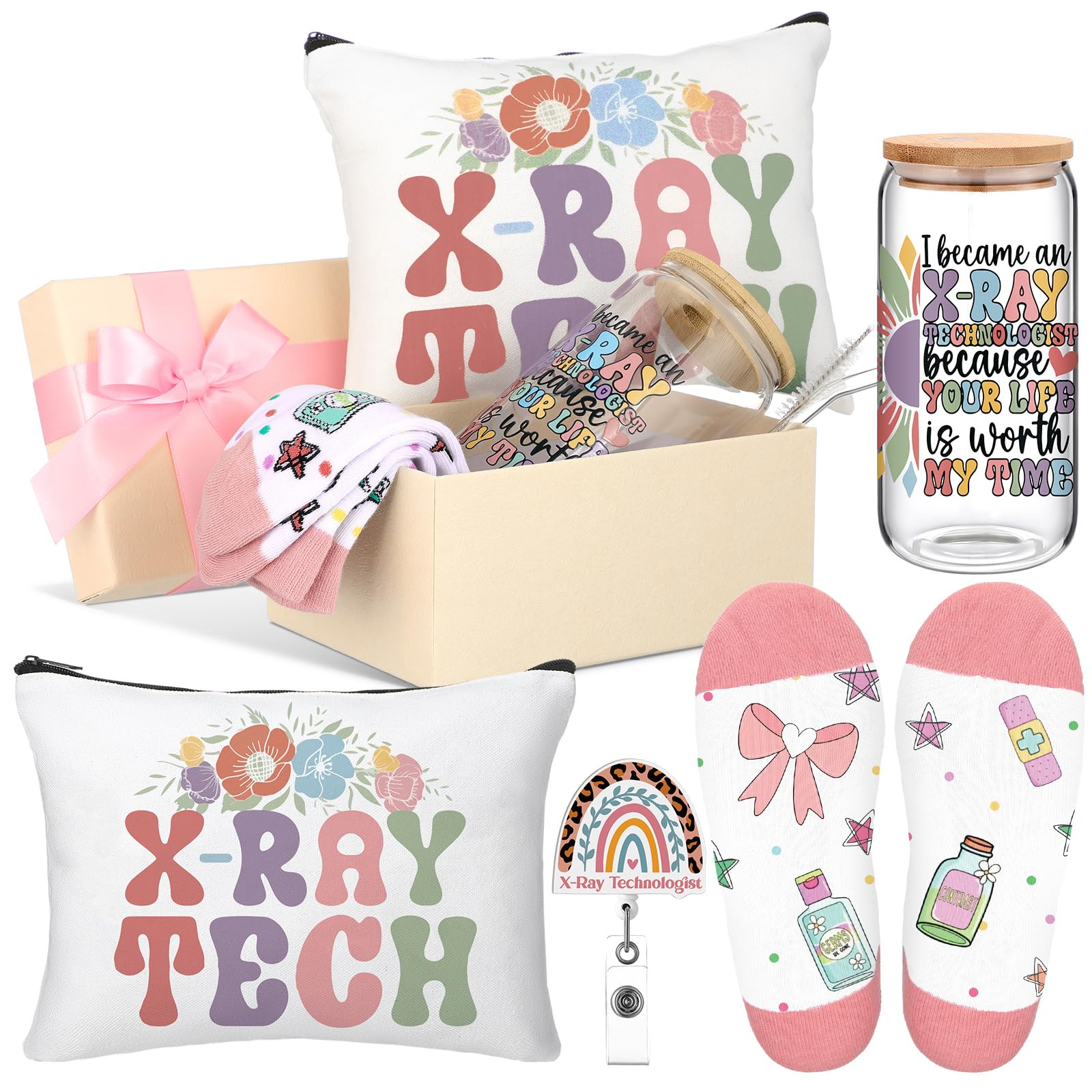 Skylety 5 Pcs Christmas X-Ray Technologist Gift 16oz Glass Cup Sock Cosmetic Bag Badge Reel X-Ray Technologist Appreciation Gift