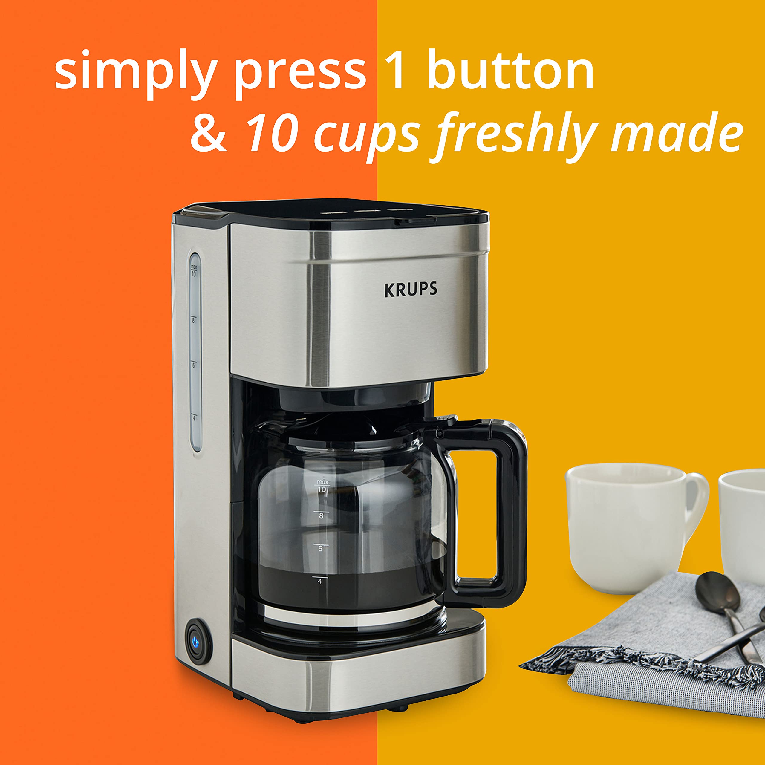Krups Simply Brew: Stainless Steel 10 Cup Coffee Maker, Dishwasher Safe Coffee Pot With Cold Brew, Pause & Brew, And Keep Warm F