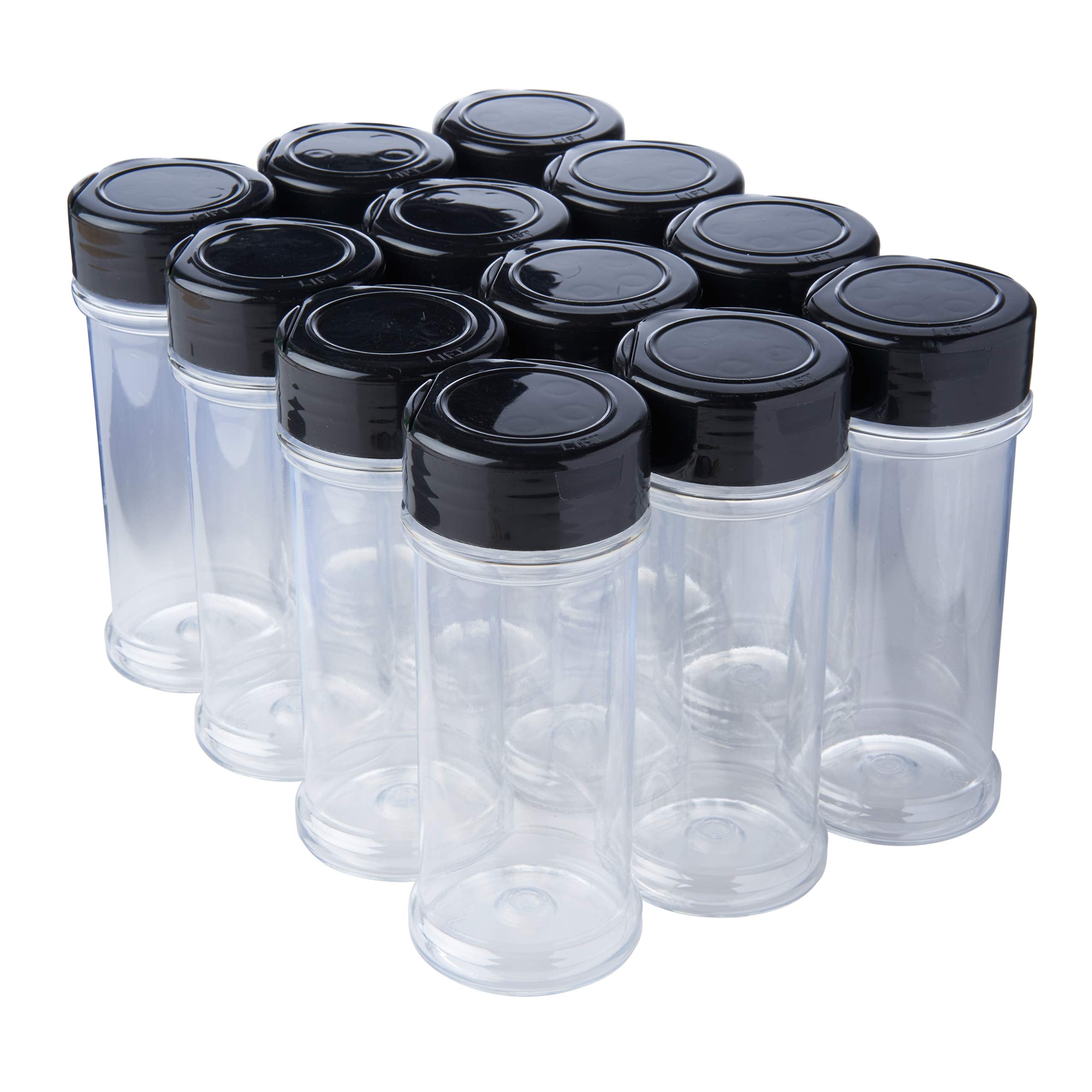 12 Pack Of 6 Oz. Empty Clear Plastic Spice Bottles With Black Top Lids For Storing And Dispensing Salt, Sweeteners And Spices -