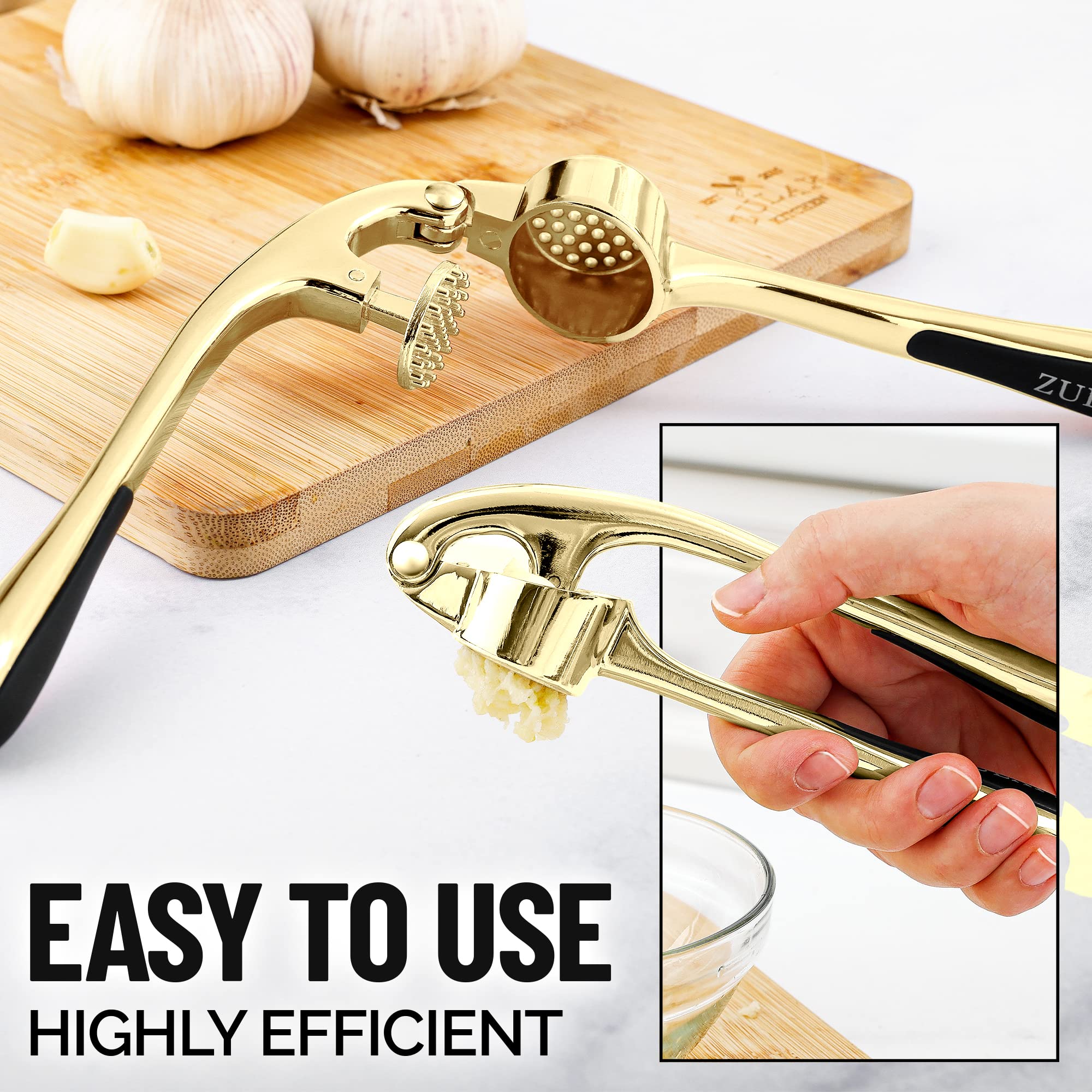 Zulay Kitchen Premium Garlic Press With Soft, Easy To Squeeze Handle - Includes Silicone Garlic Peeler & Cleaning Brush - 3 Piec