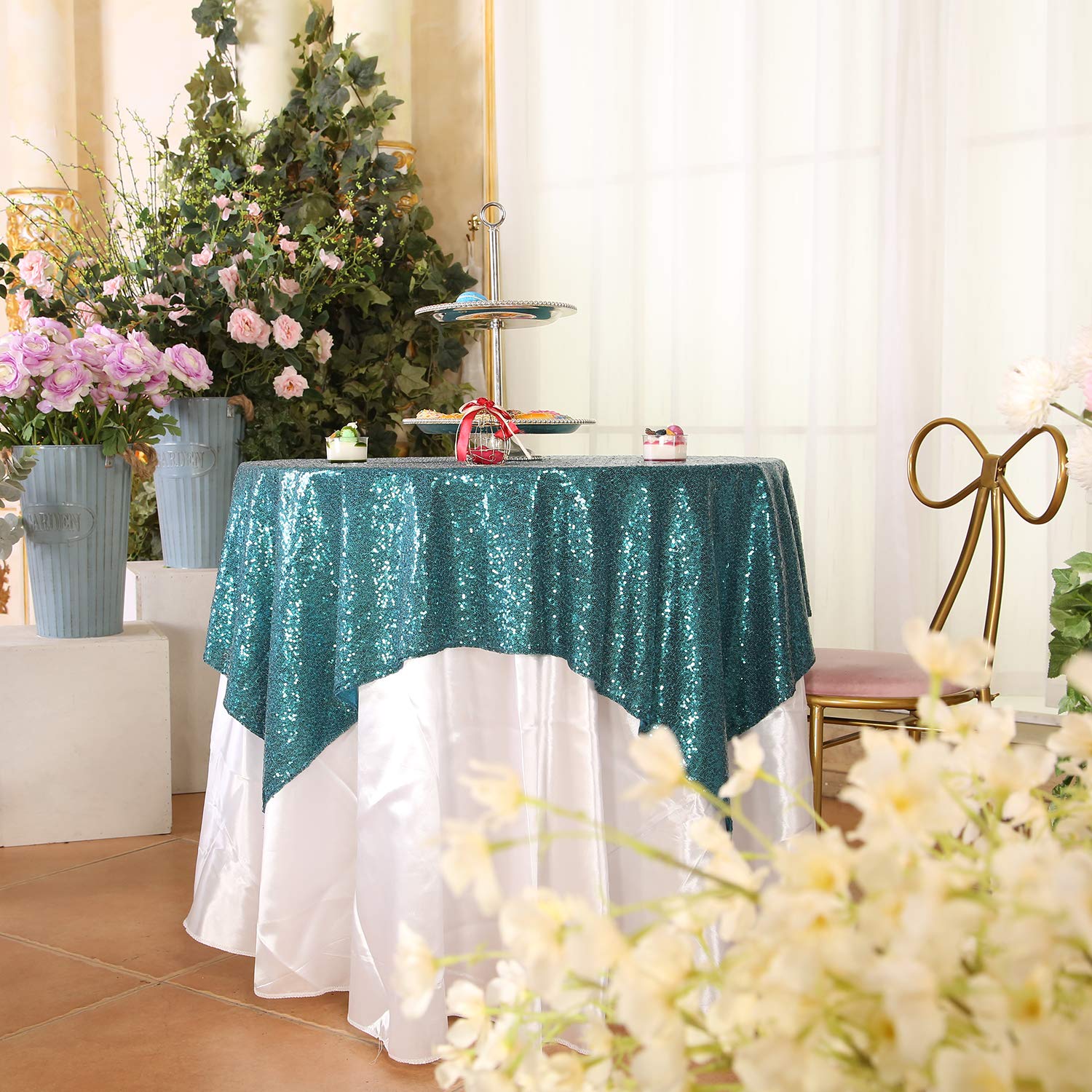 Eternal Beauty Teal Square Sequin Tablecloth Sequin Overlay Tablecloth For Wedding Christmas Party 48''X48''